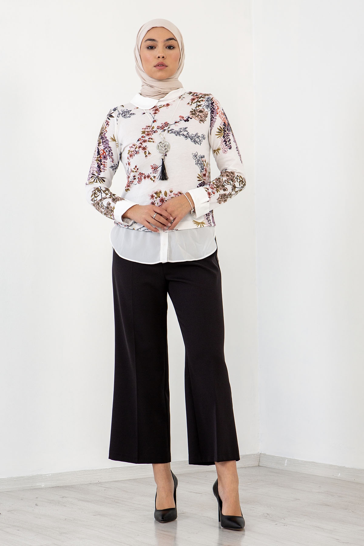 3364 Gömlekli Bluz 38-44 - Ekru - 1