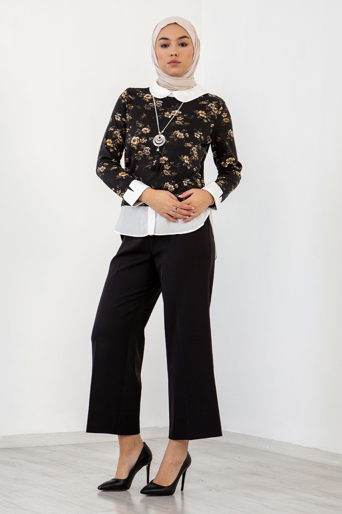 3364 Gömlekli Bluz 38-44 - Siyah - 1