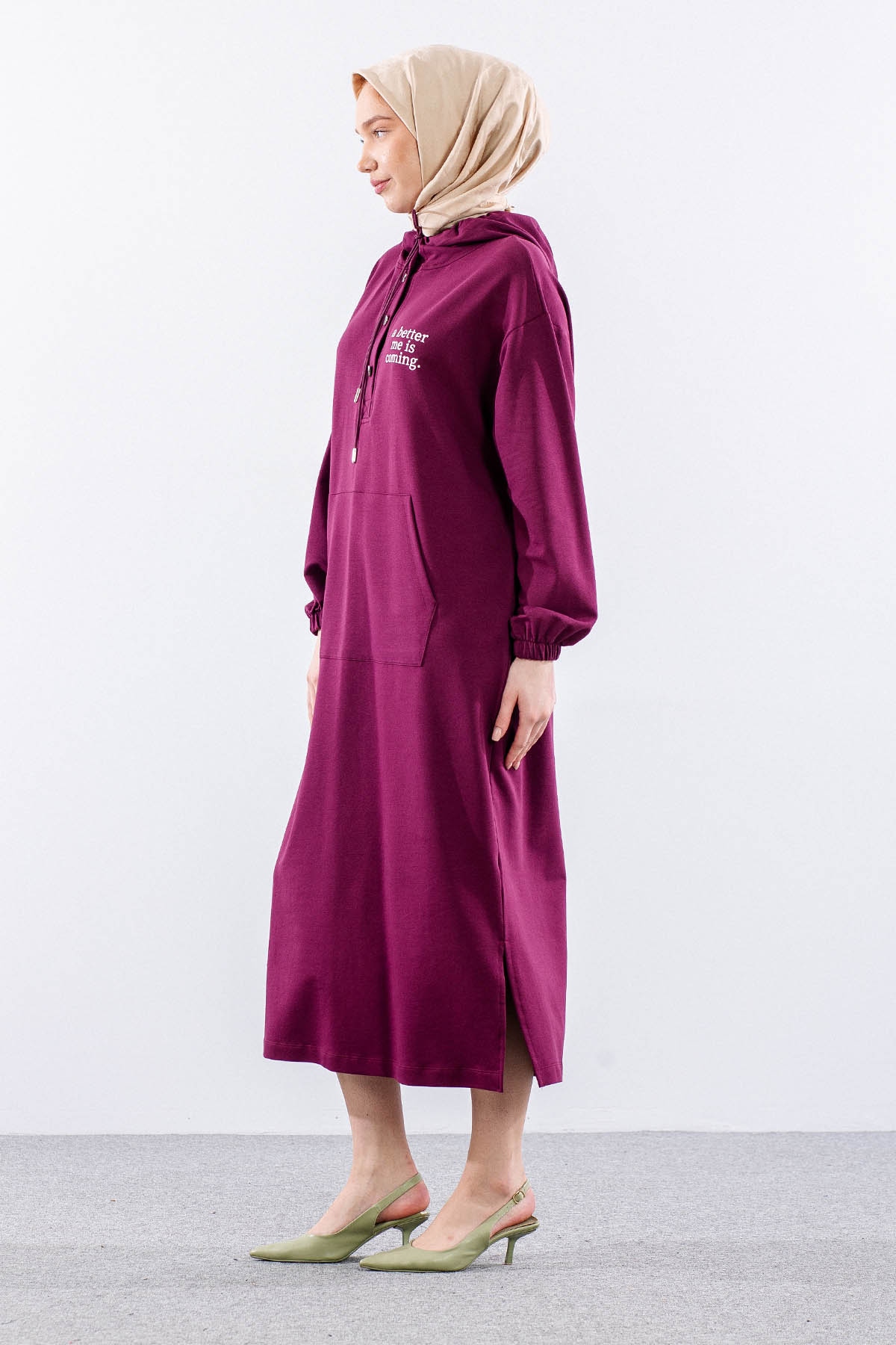 33744 Elbise Tek Kapson Detay - Bordo - 4