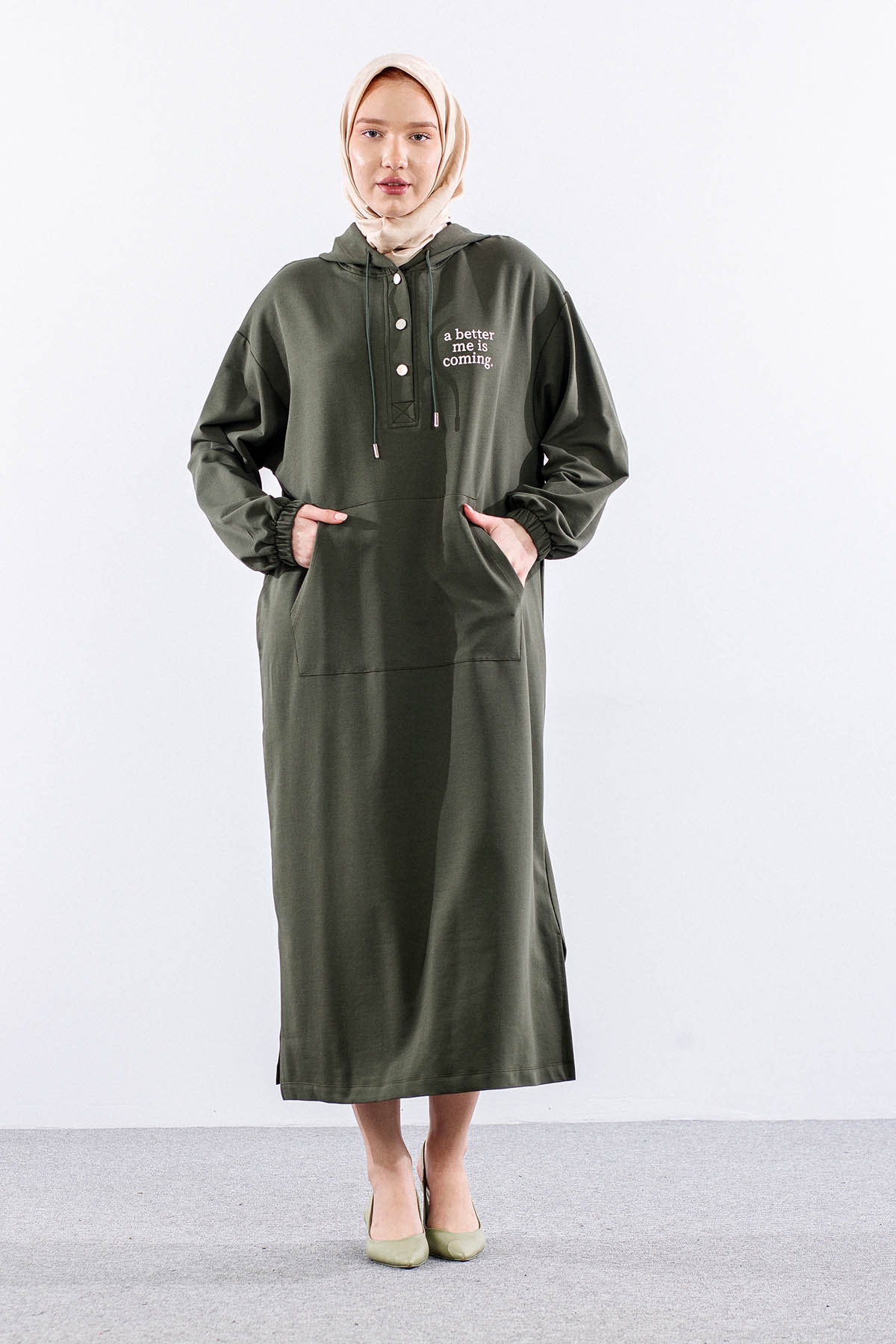 33744 Elbise Tek Kapson Detay - Haki - 1