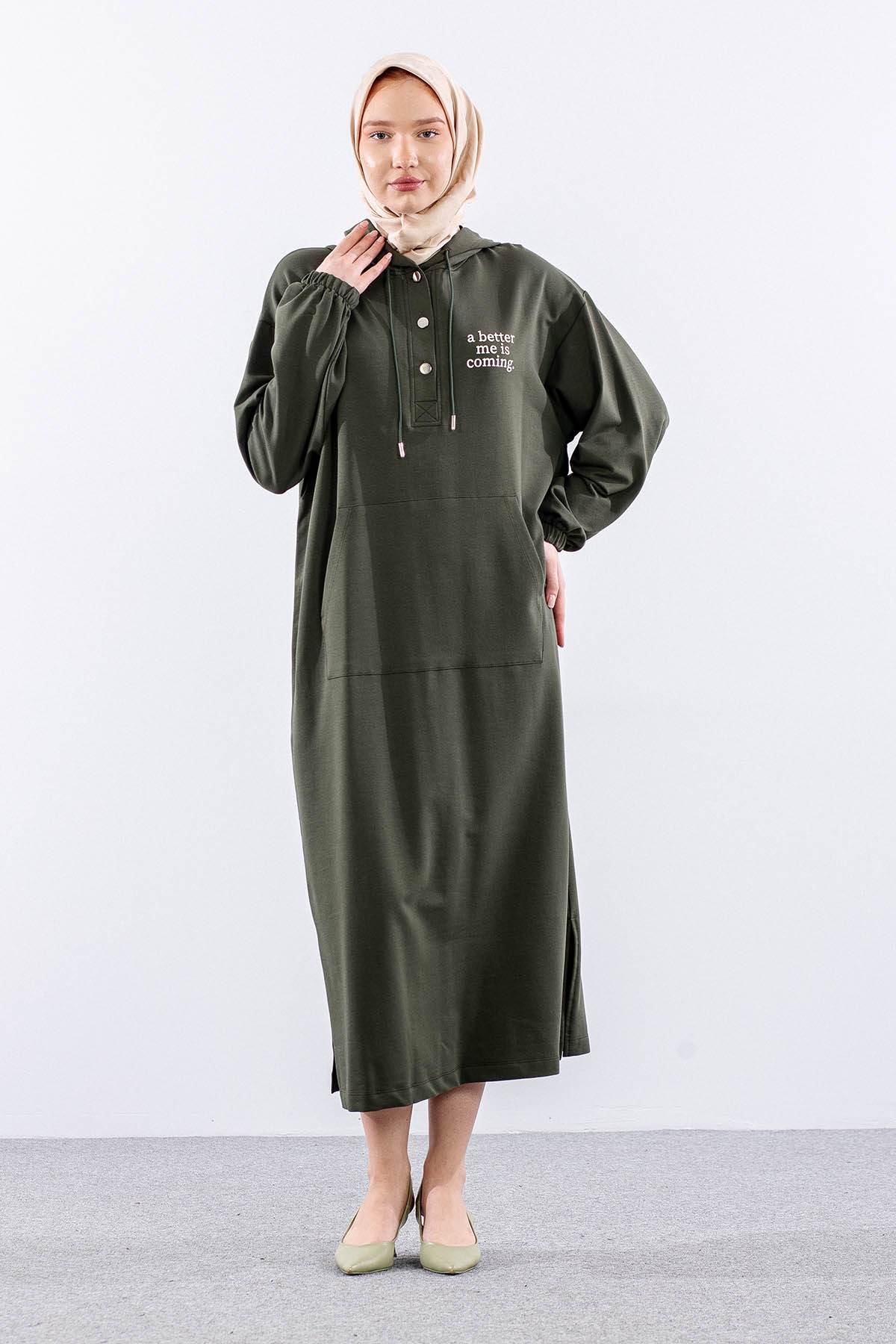 33744 Elbise Tek Kapson Detay - Haki - 2