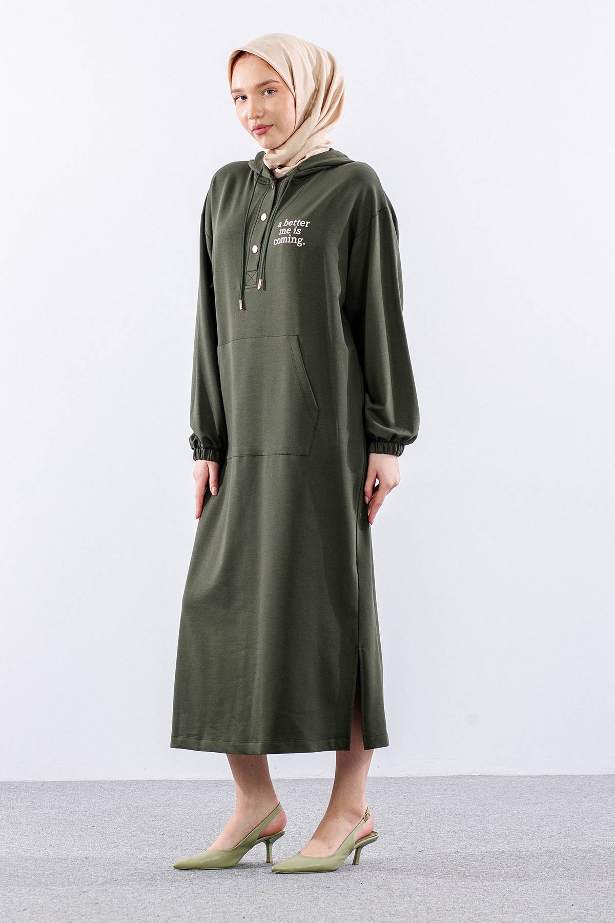 33744 Elbise Tek Kapson Detay - Haki - 3