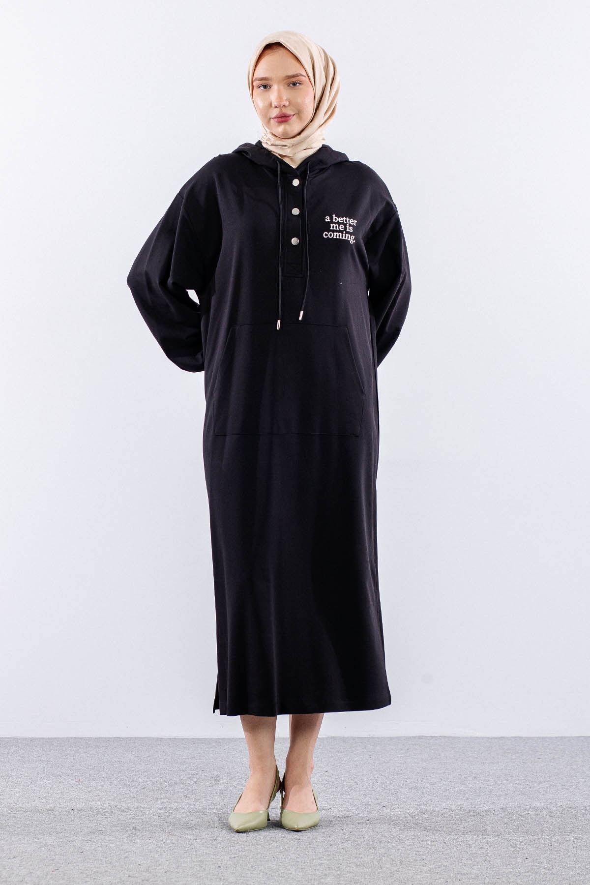 33744 Elbise Tek Kapson Detay - Siyah - 2