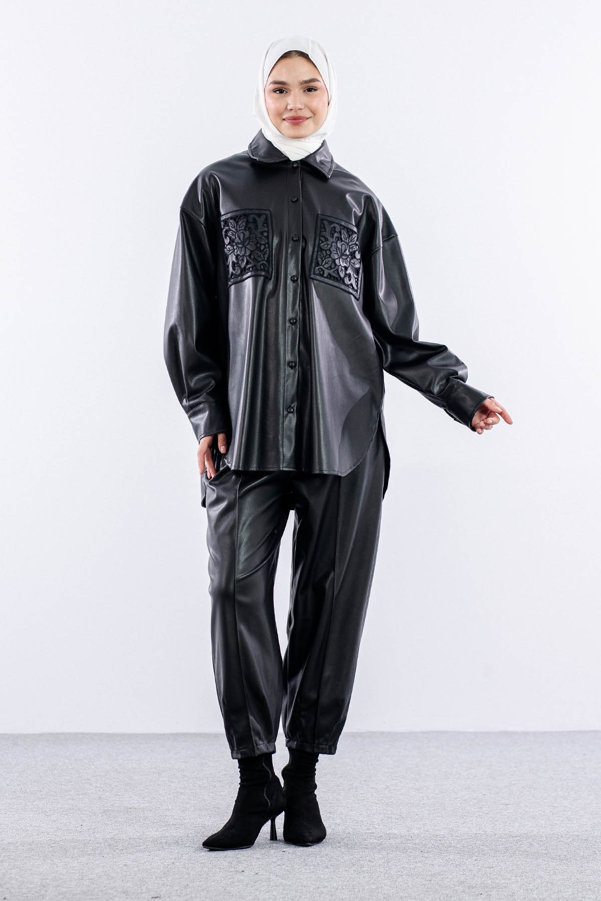 Desenli Deri Gömlek Tek - Siyah - 1