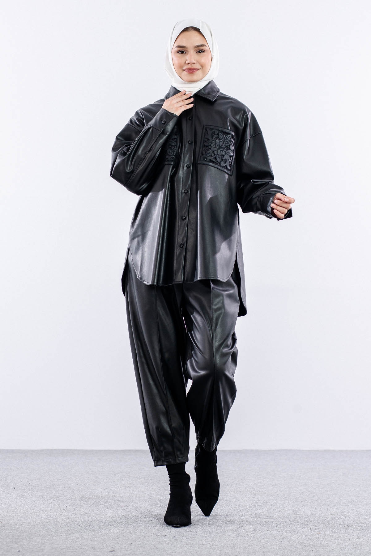 Desenli Deri Gömlek Tek - Siyah - 2