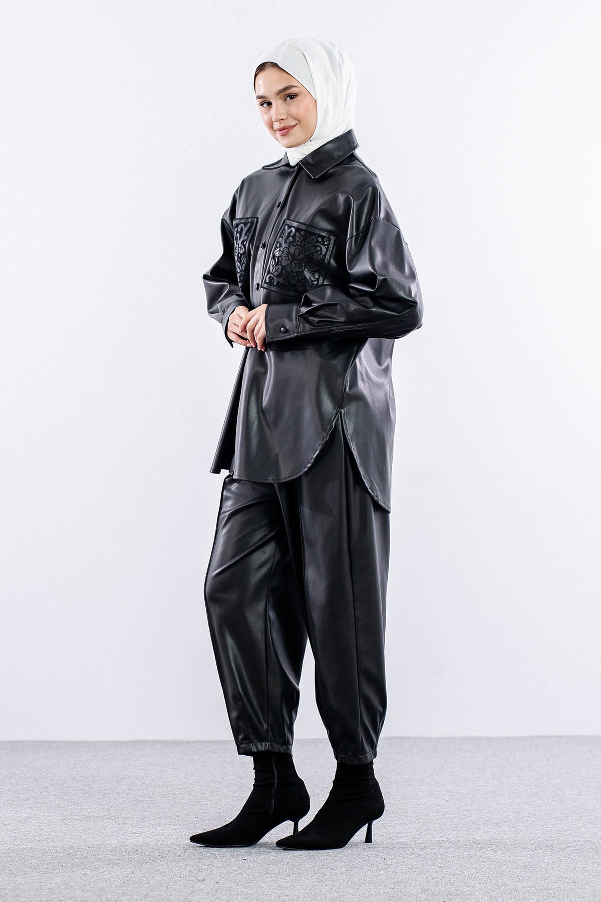 Desenli Deri Gömlek Tek - Siyah - 3