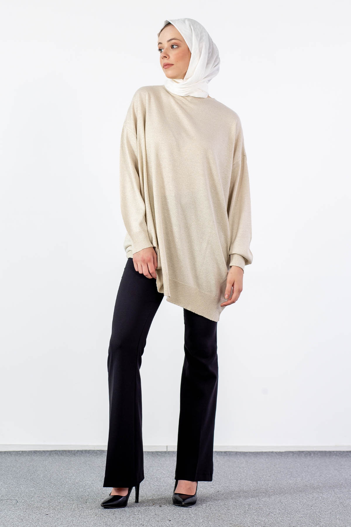 33827 Simli örme Tunik Tek - Bej - 1