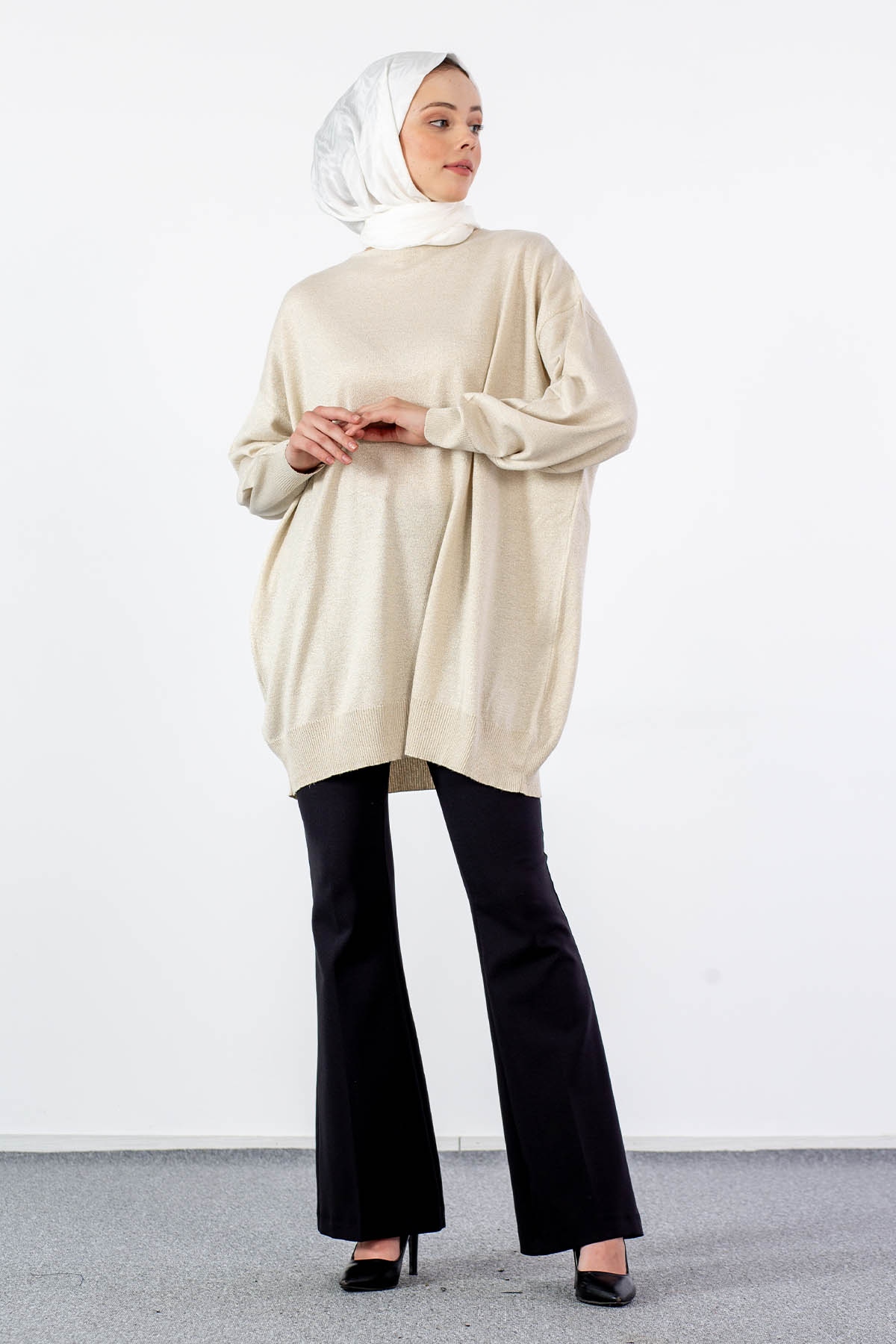 33827 Simli örme Tunik Tek - Bej - 2