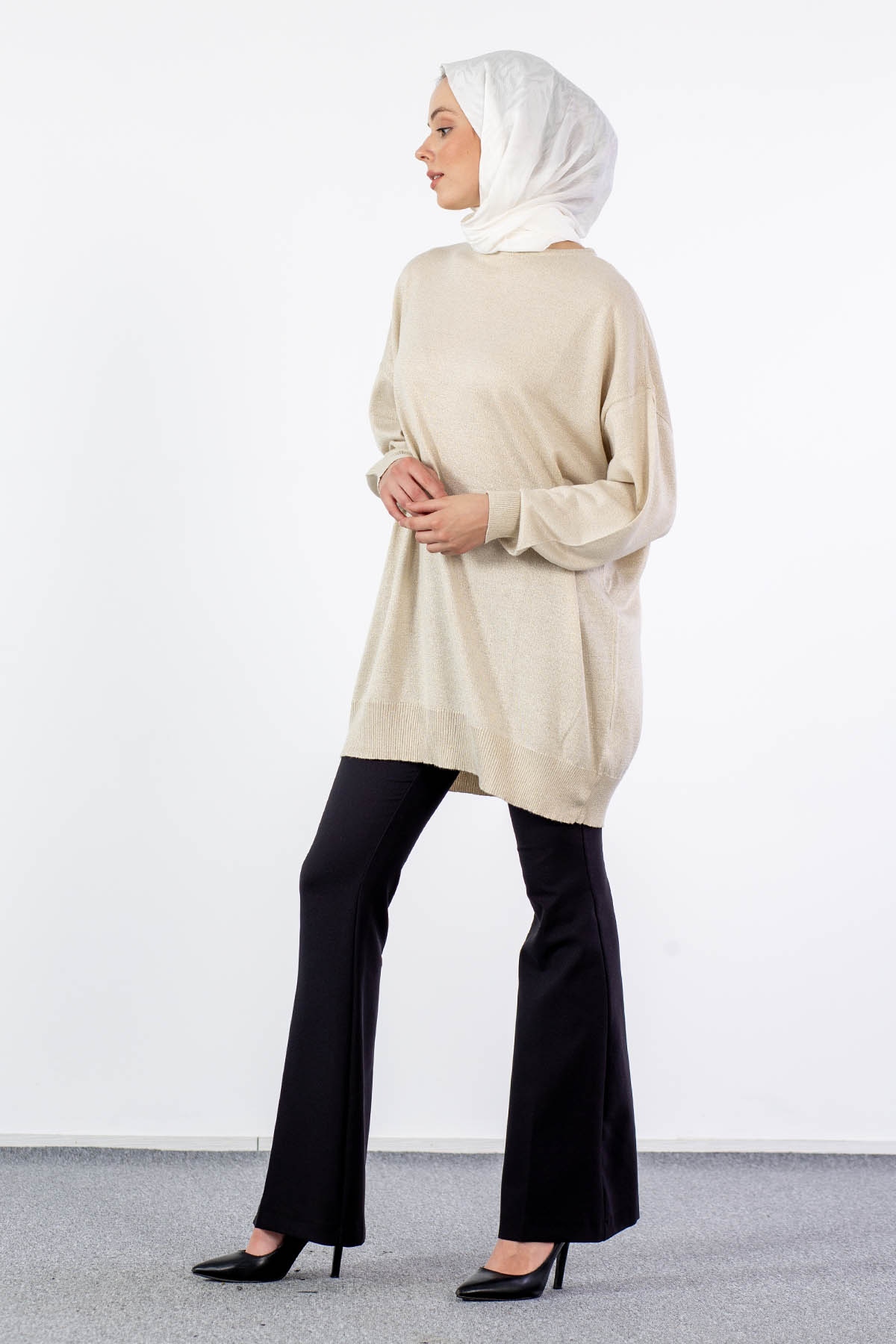 33827 Simli örme Tunik Tek - Bej - 3