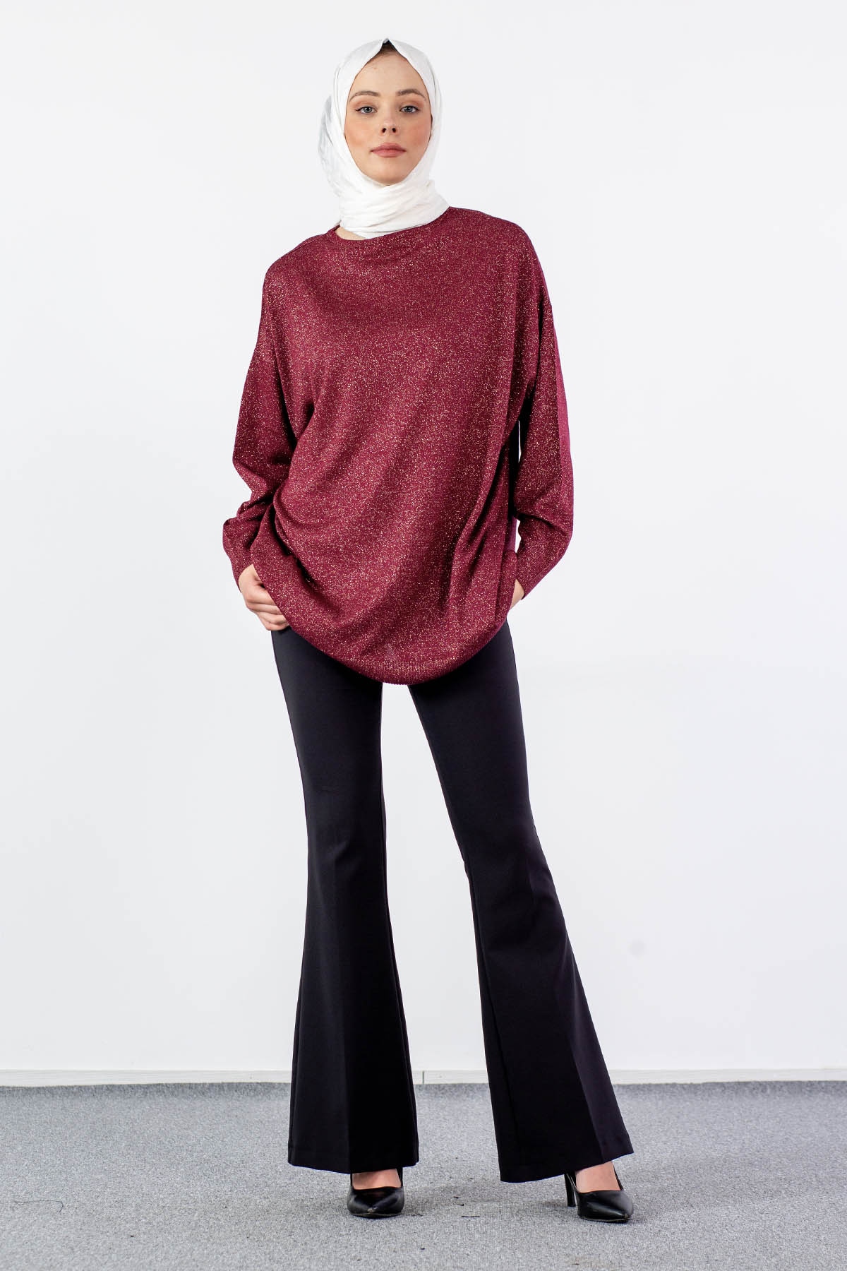 33827 Simli örme Tunik Tek - Bordo - 1