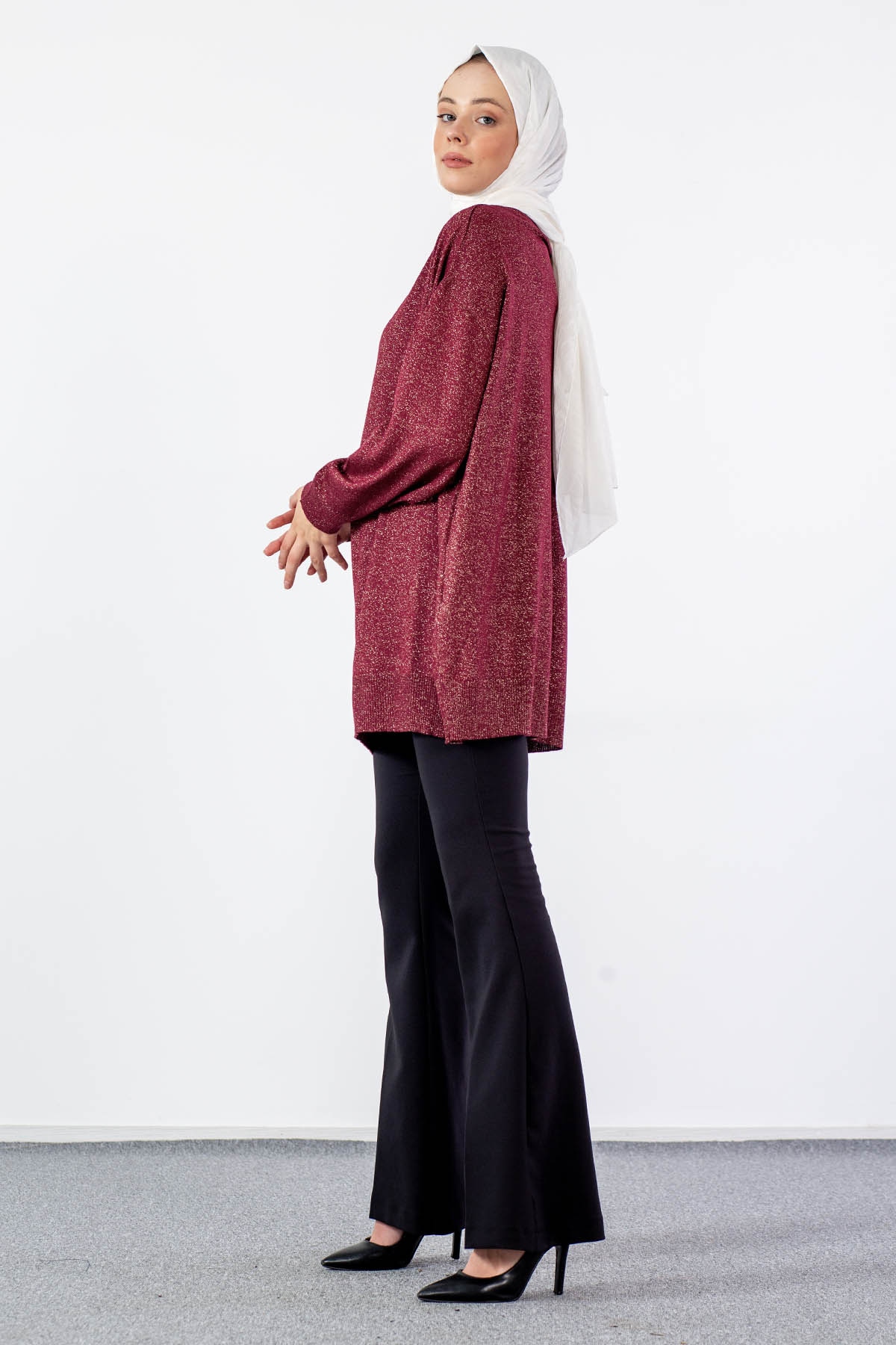 33827 Simli örme Tunik Tek - Bordo - 2