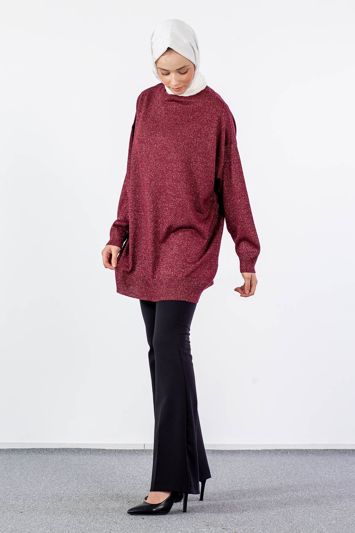 33827 Simli örme Tunik Tek - Bordo - 3