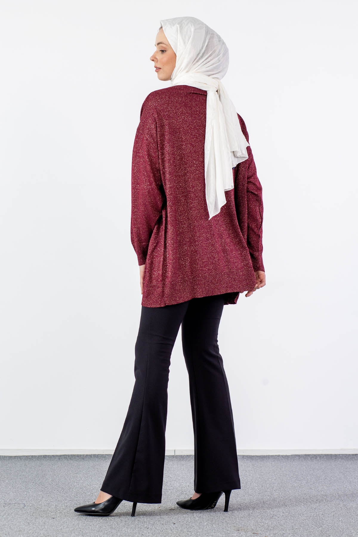 33827 Simli örme Tunik Tek - Bordo - 4