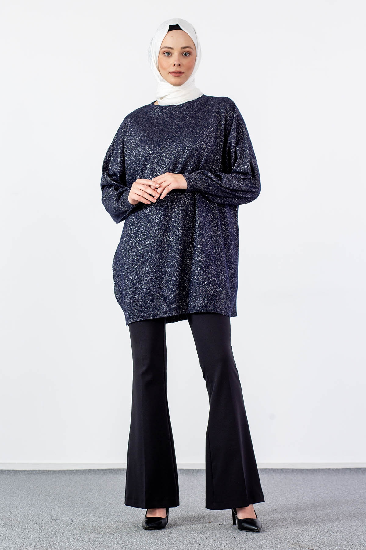 33827 Simli örme Tunik Tek - Lacivert - 1