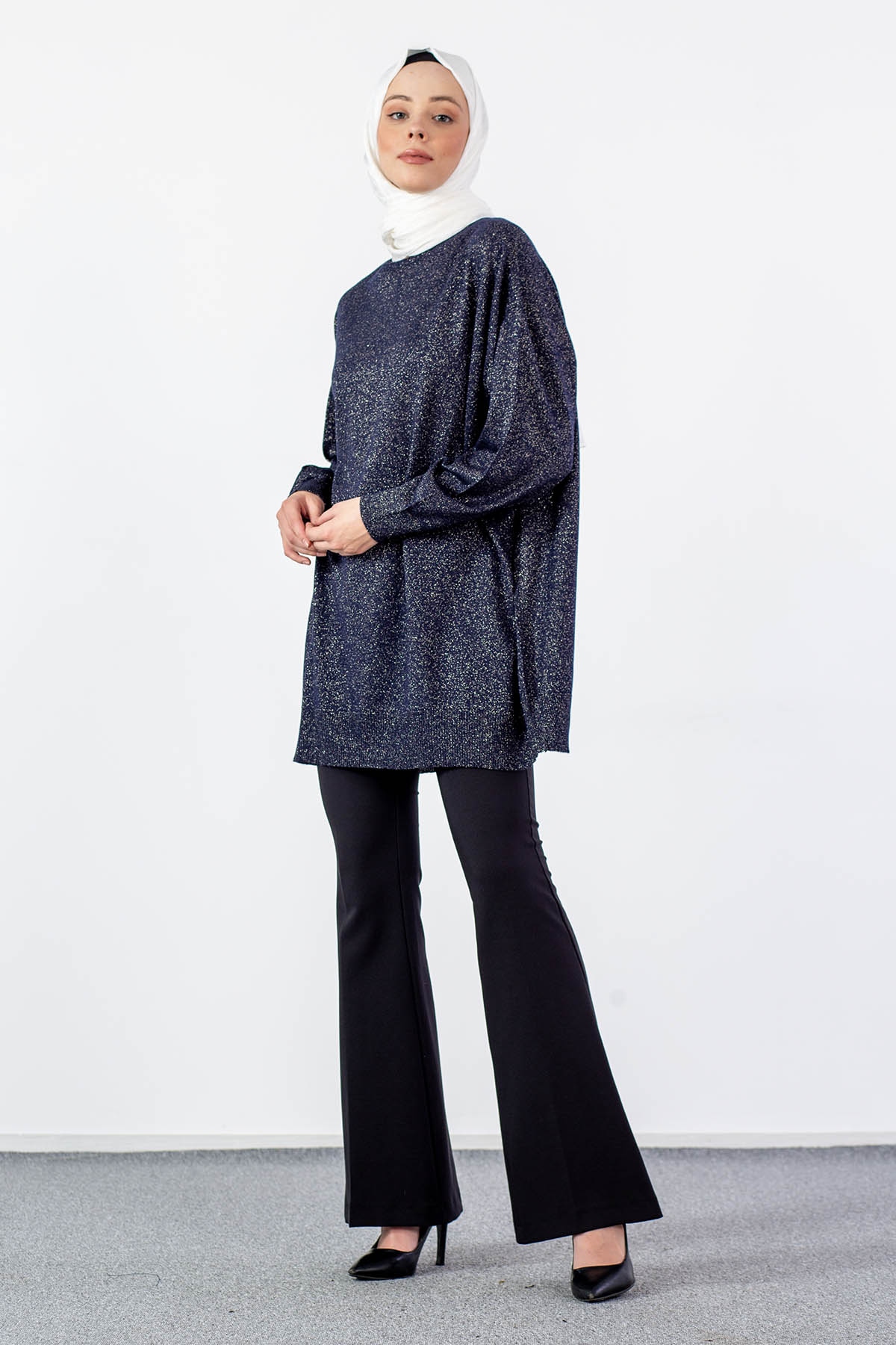 33827 Simli örme Tunik Tek - Lacivert - 2