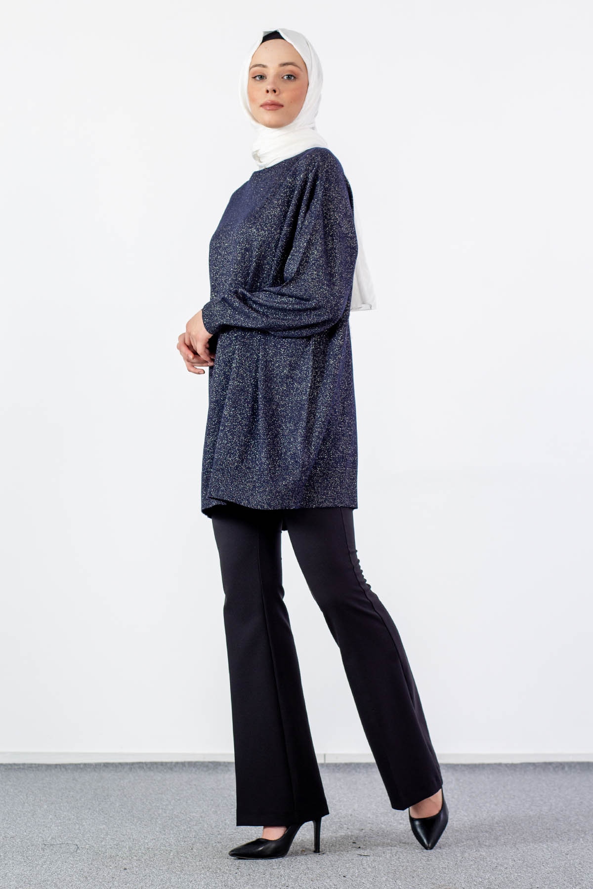 33827 Simli örme Tunik Tek - Lacivert - 3