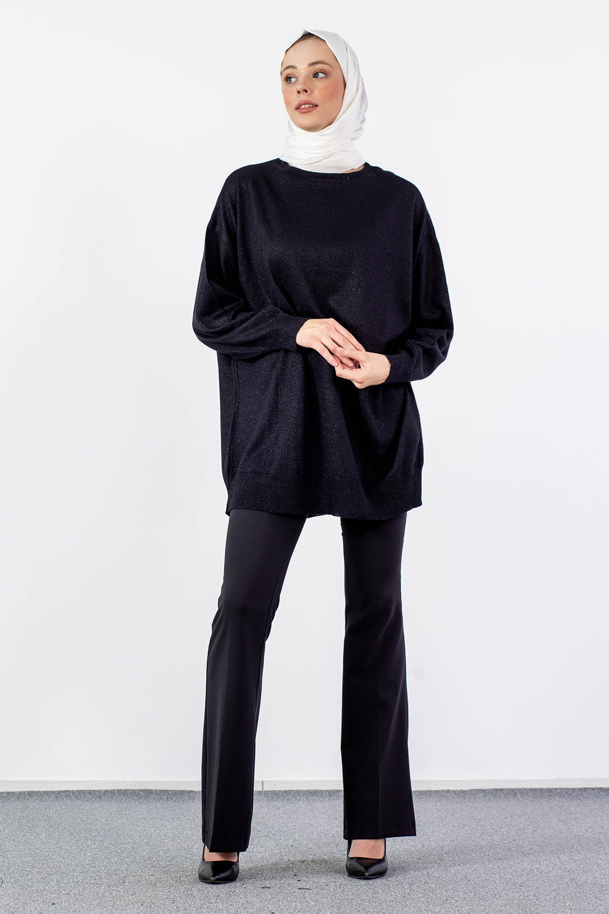 33827 Simli örme Tunik Tek - Siyah - 1