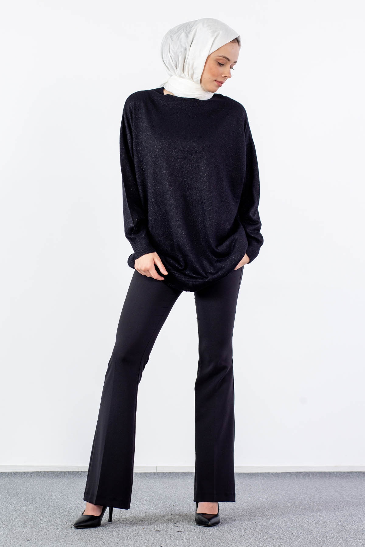 33827 Simli örme Tunik Tek - Siyah - 2