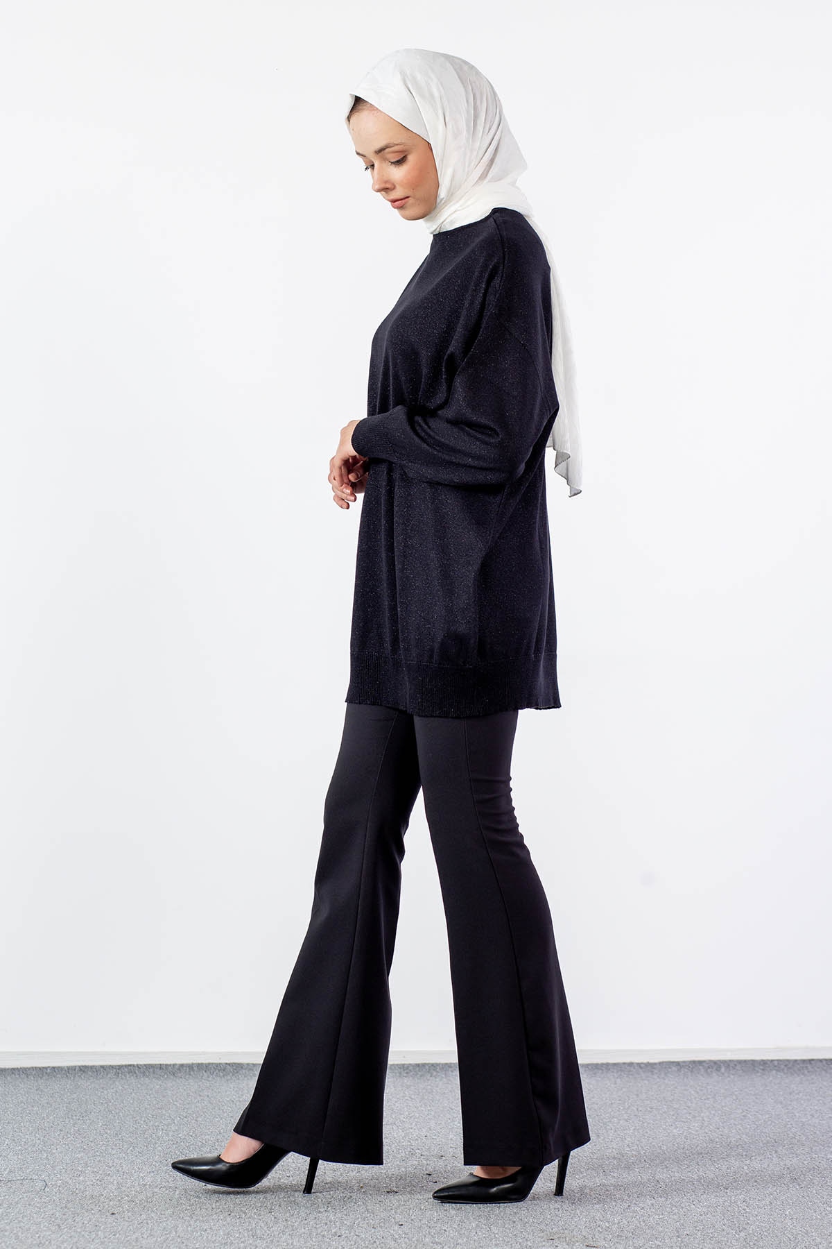 33827 Simli örme Tunik Tek - Siyah - 3