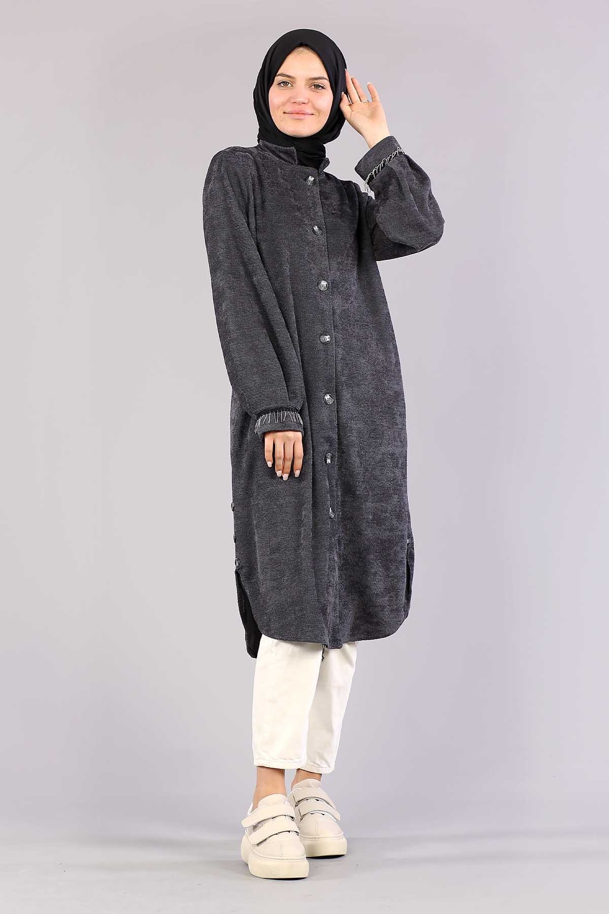 3394 Yan Düğme Tunik 40-48 - Gri - 3