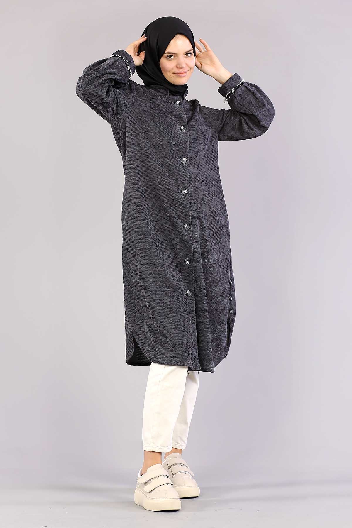 3394 Yan Düğme Tunik 40-48 - Gri - 4