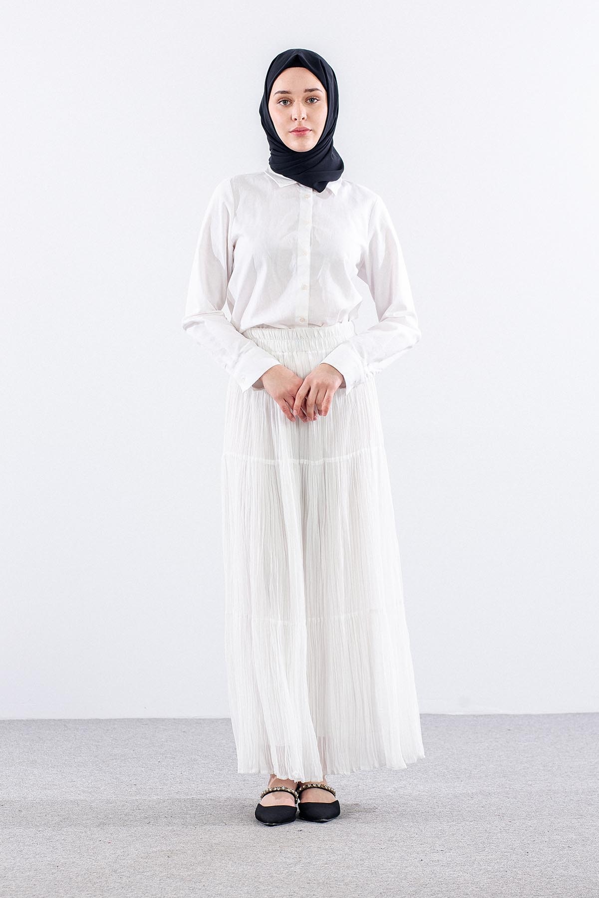 3406 Etek 1-2-3 Katli Sifon Kumas - Beyaz - 1