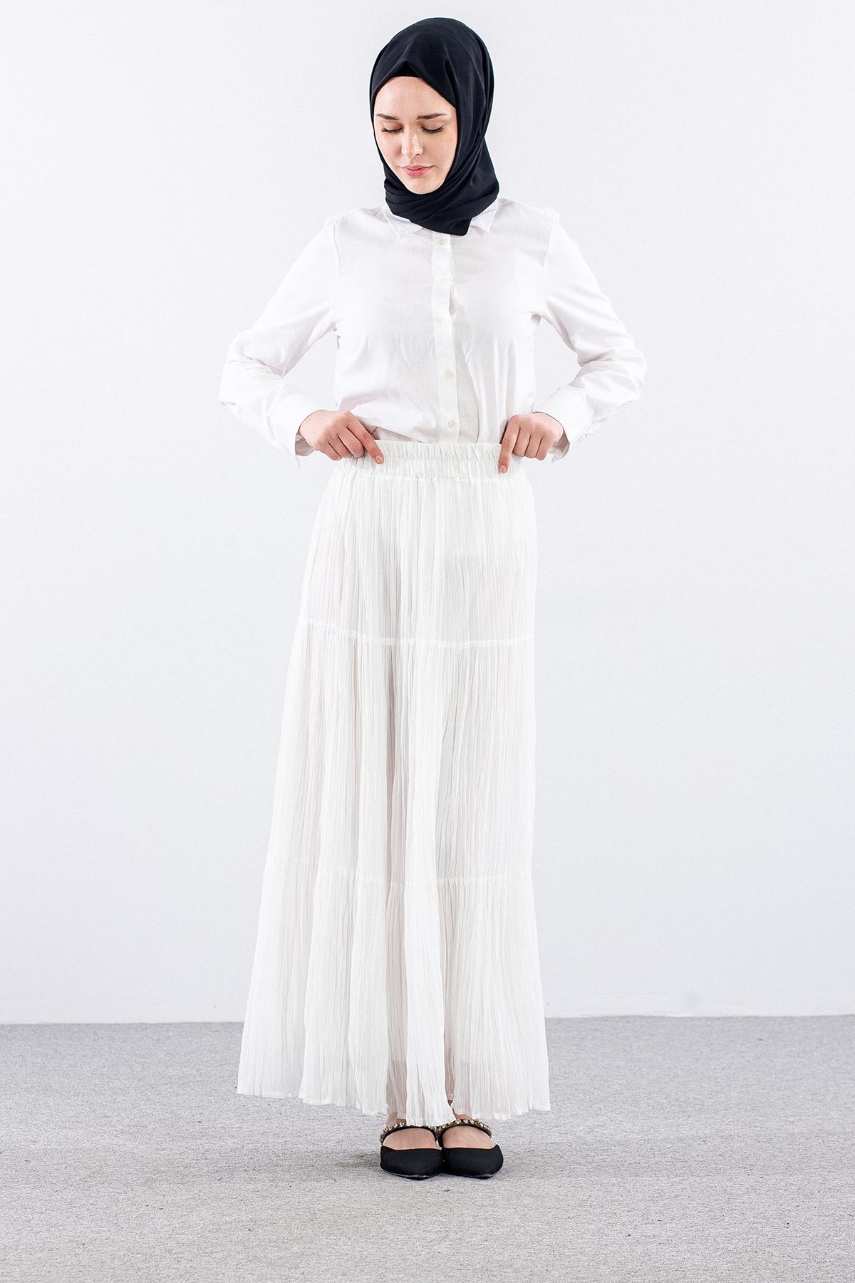 3406 Etek 1-2-3 Katli Sifon Kumas - Beyaz - 2