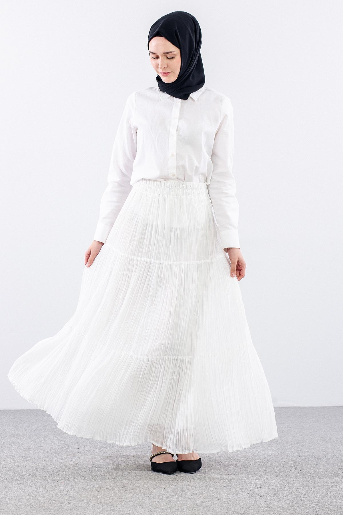 3406 Etek 1-2-3 Katli Sifon Kumas - Beyaz - 3