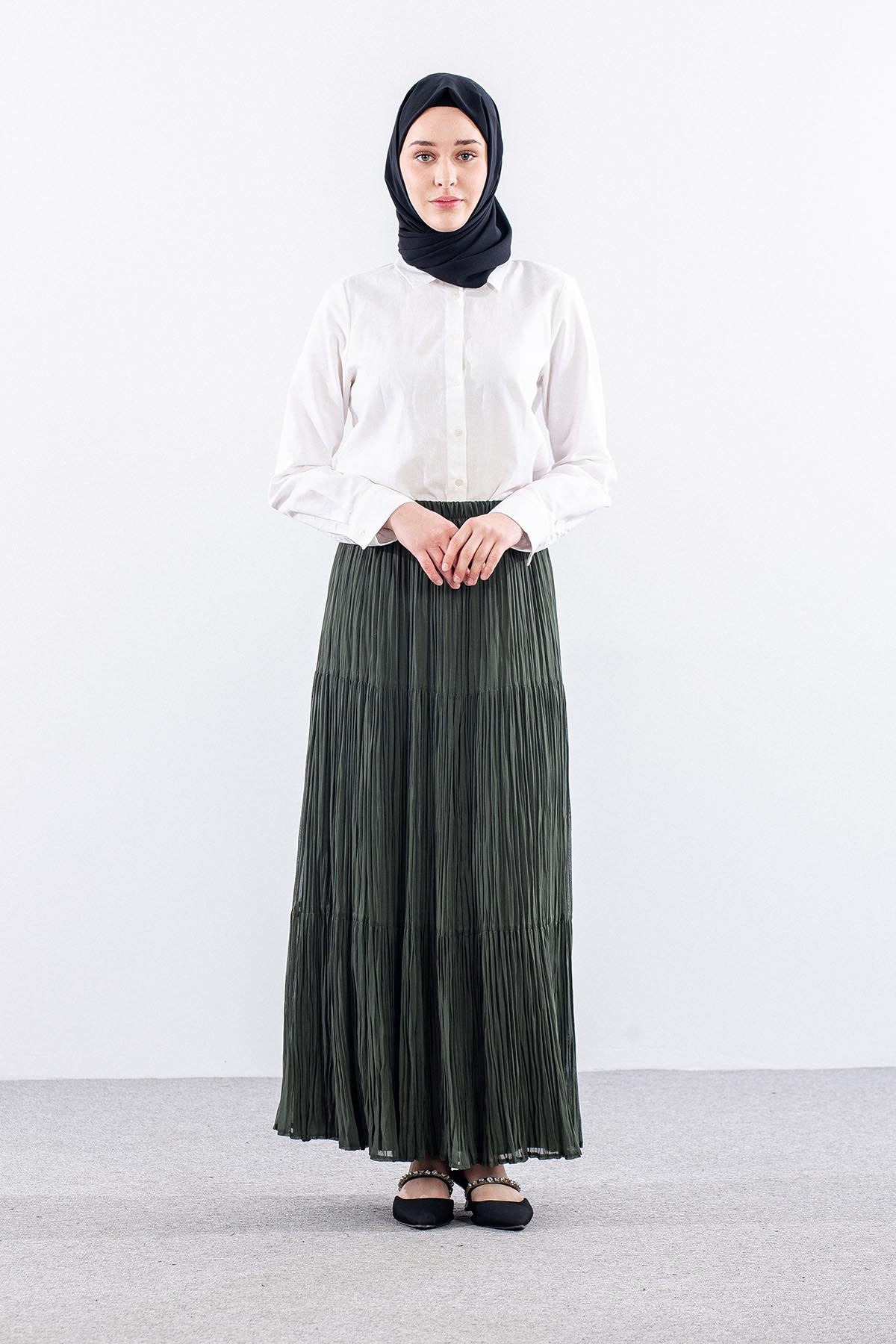 3406 Etek 1-2-3 Katli Sifon Kumas - Haki - 1