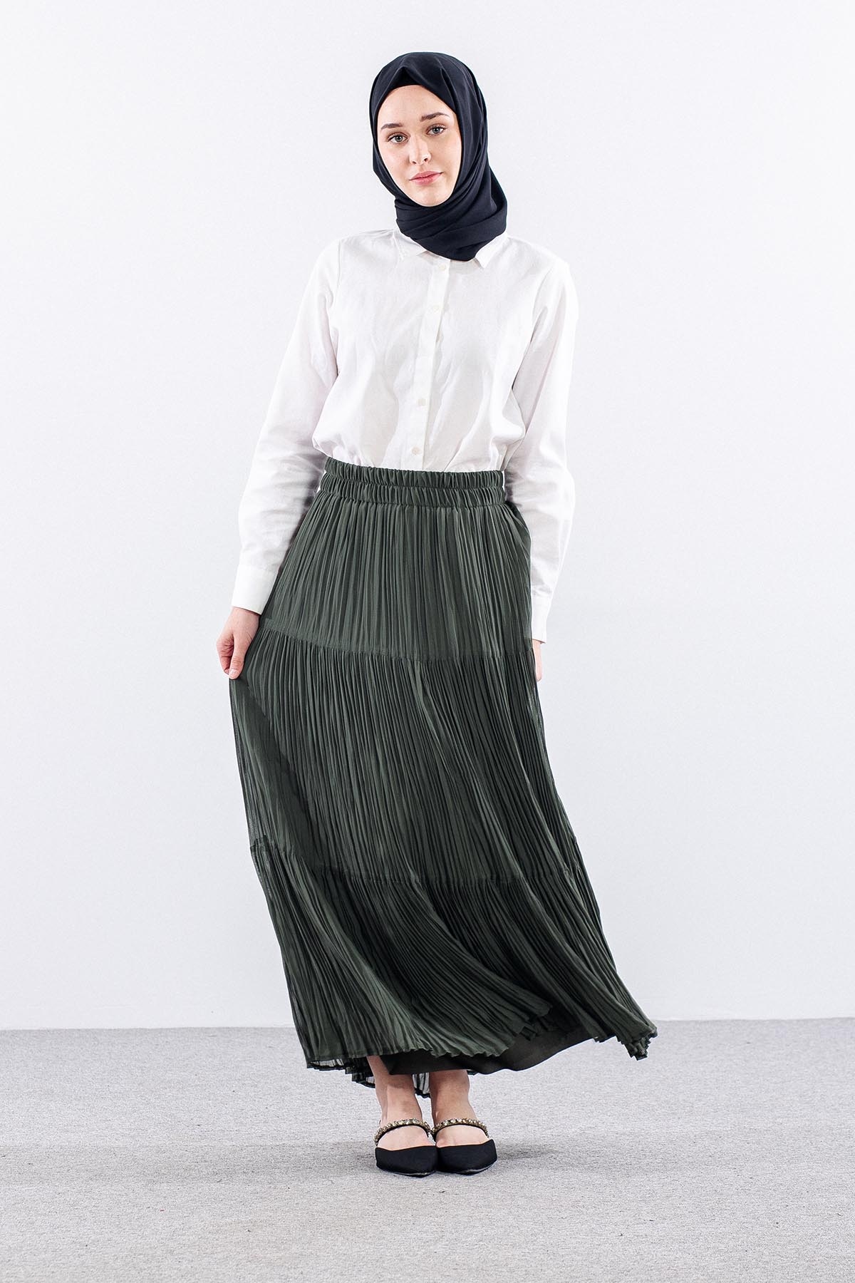 3406 Etek 1-2-3 Katli Sifon Kumas - Haki - 2