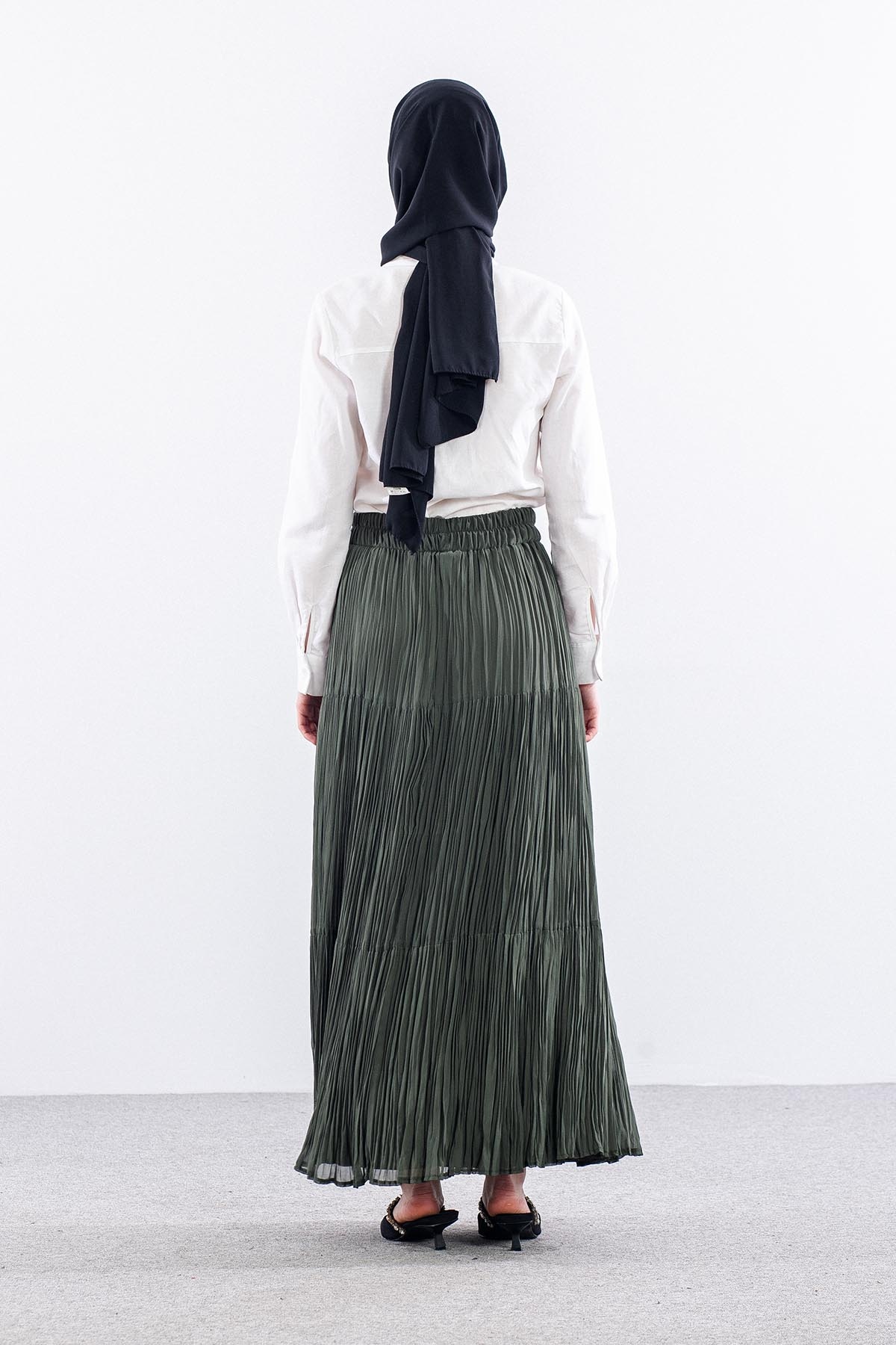 3406 Etek 1-2-3 Katli Sifon Kumas - Haki - 4