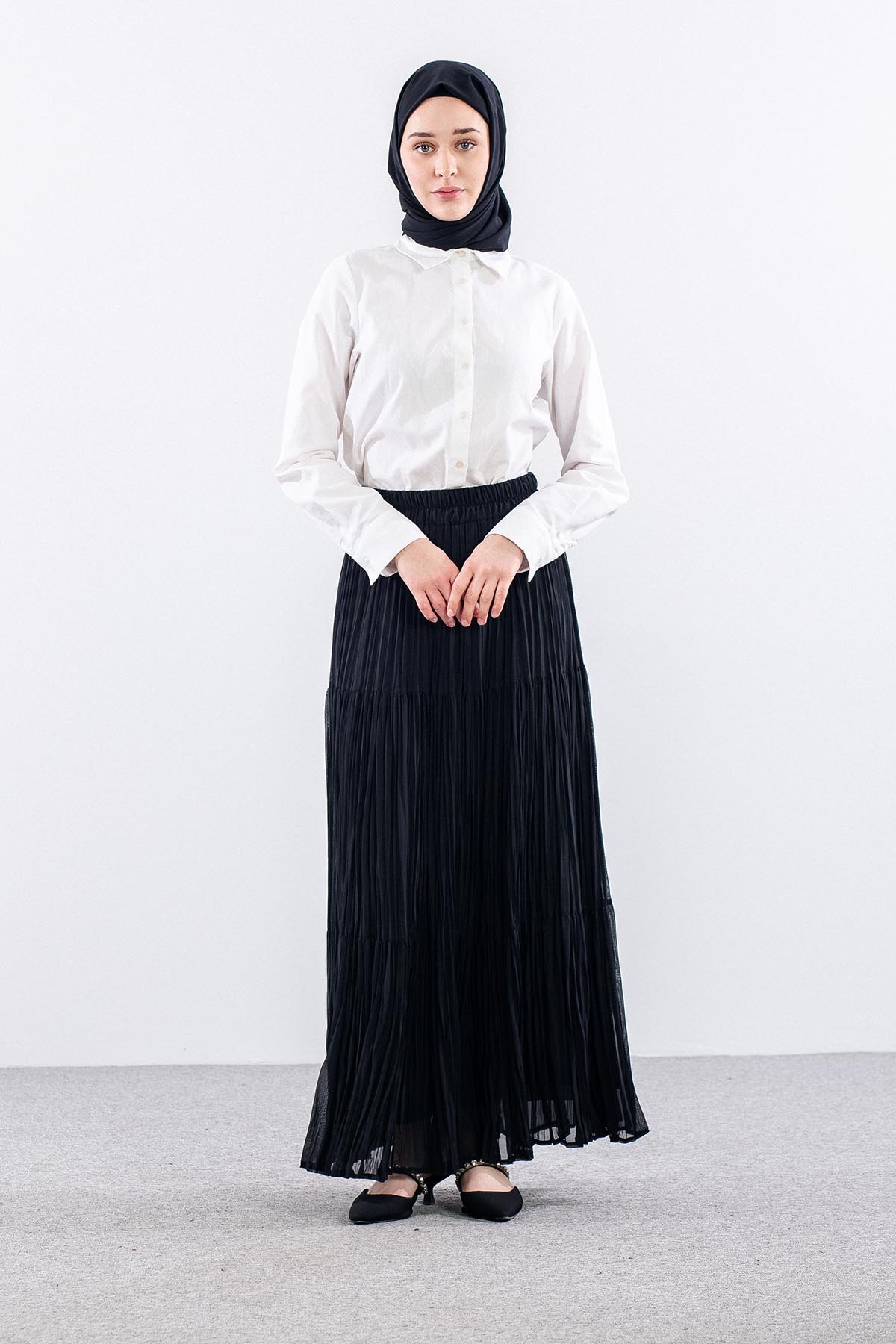 3406 Etek 1-2-3 Katli Sifon Kumas - Siyah - 1