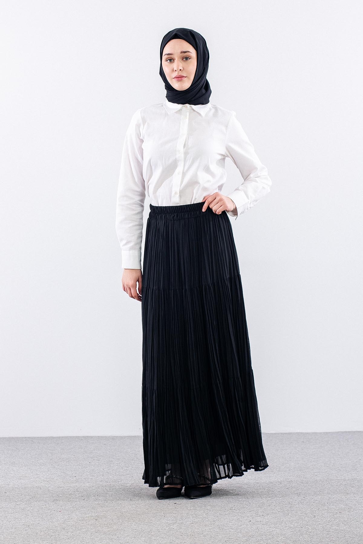 3406 Etek 1-2-3 Katli Sifon Kumas - Siyah - 2