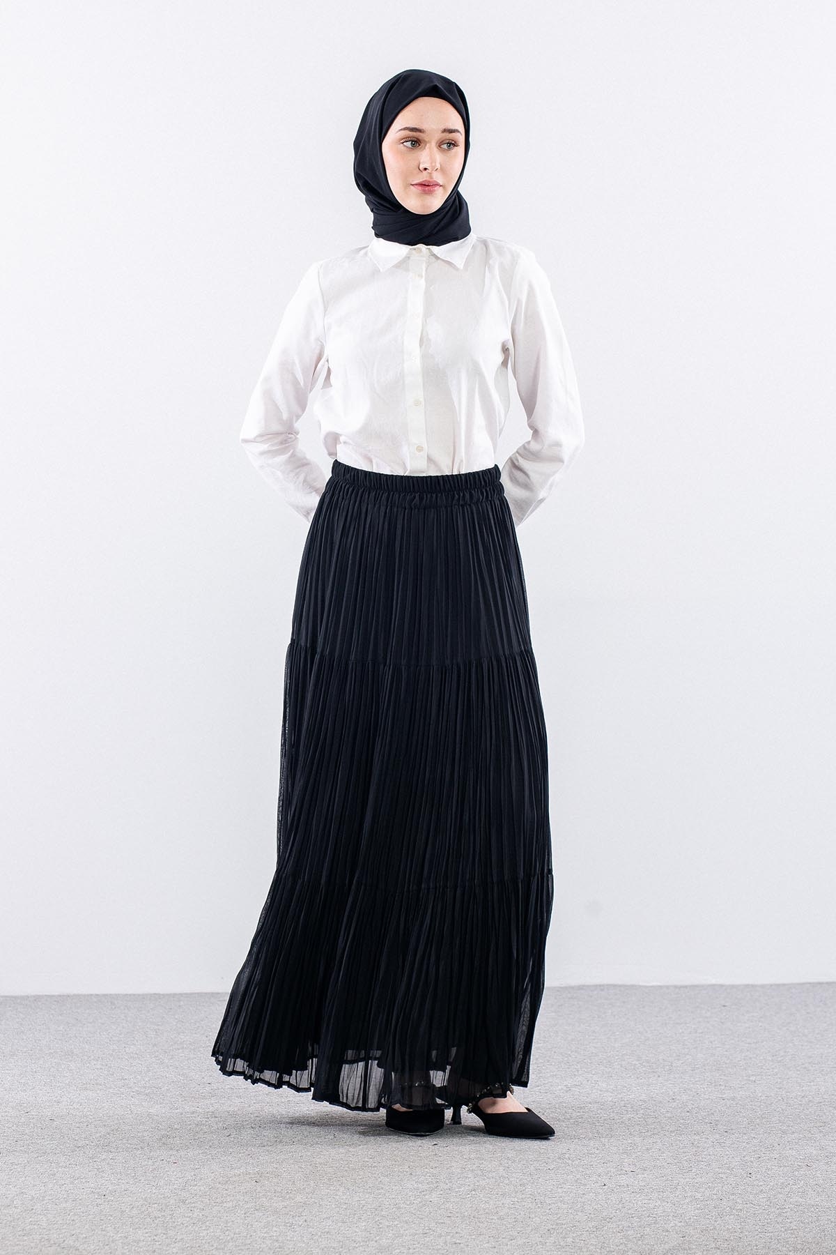 3406 Etek 1-2-3 Katli Sifon Kumas - Siyah - 3