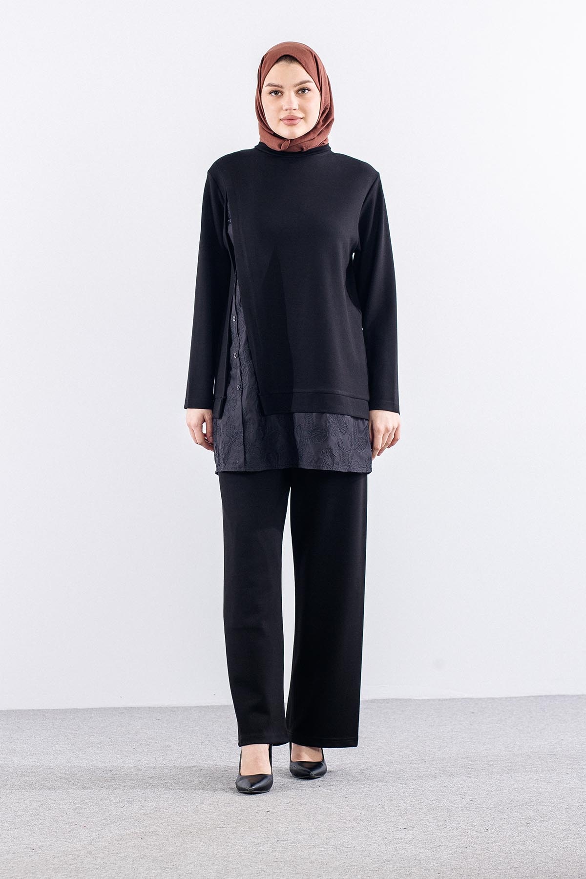 341 Takim 38-44 Dugme Nakis P Garni - Siyah - 1