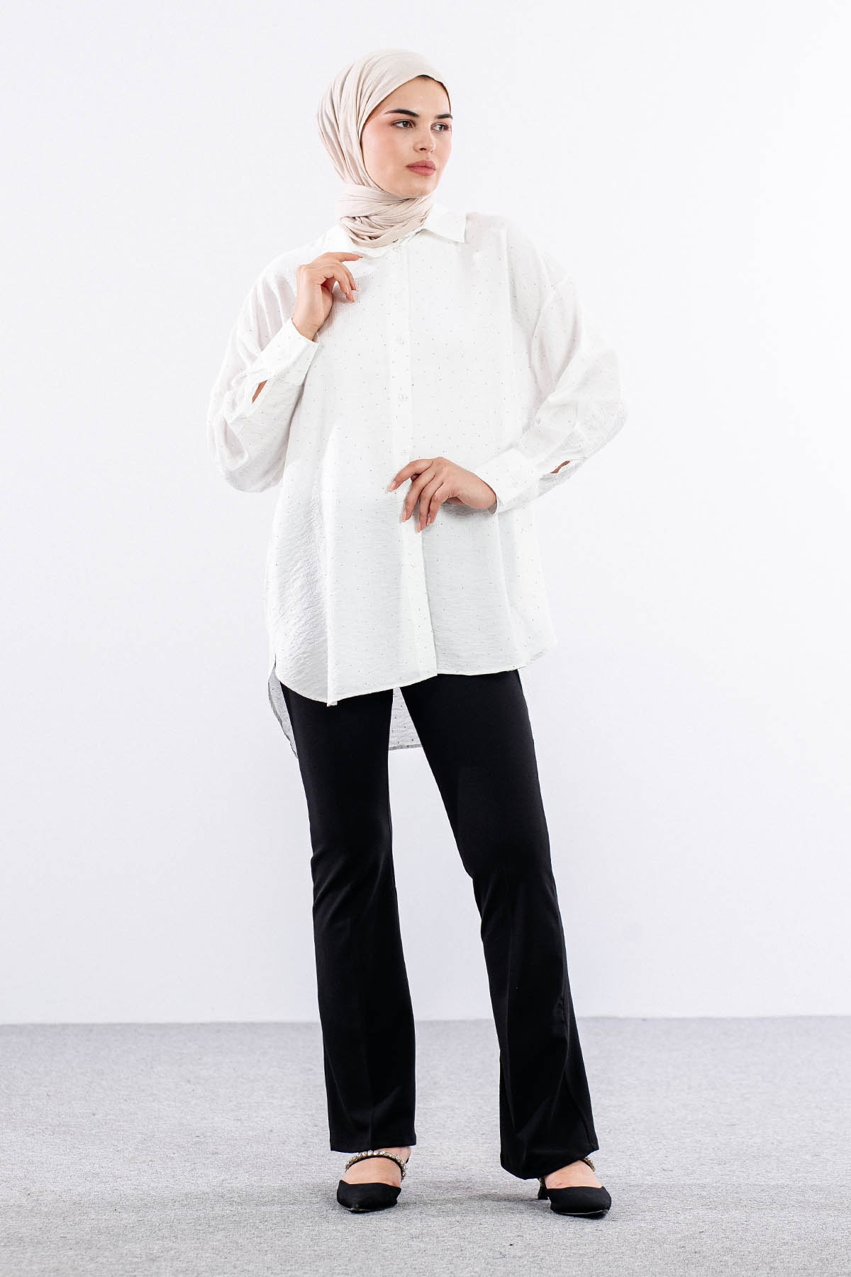 34616 Taşli Tunik Tek - Ekru - 1