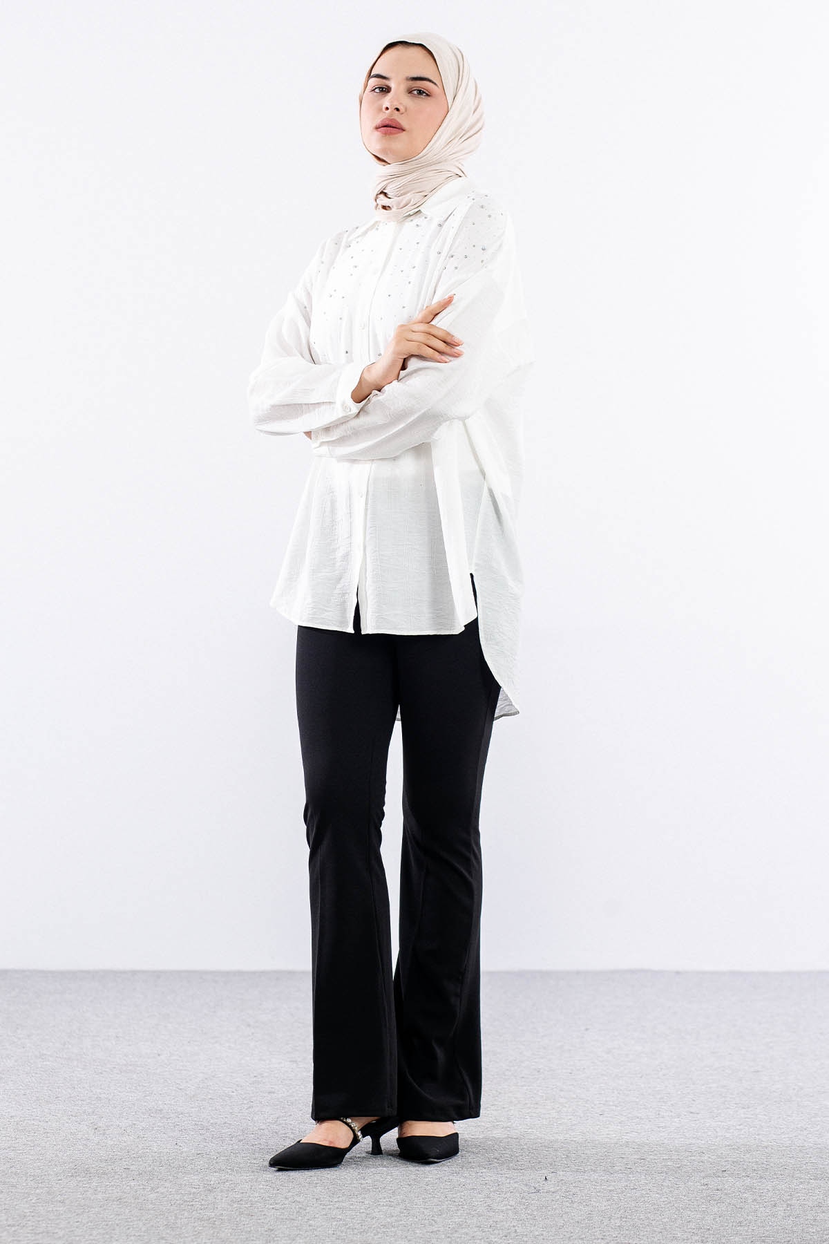 34818 Gömlek Tek Tas Detay - Ekru - 1