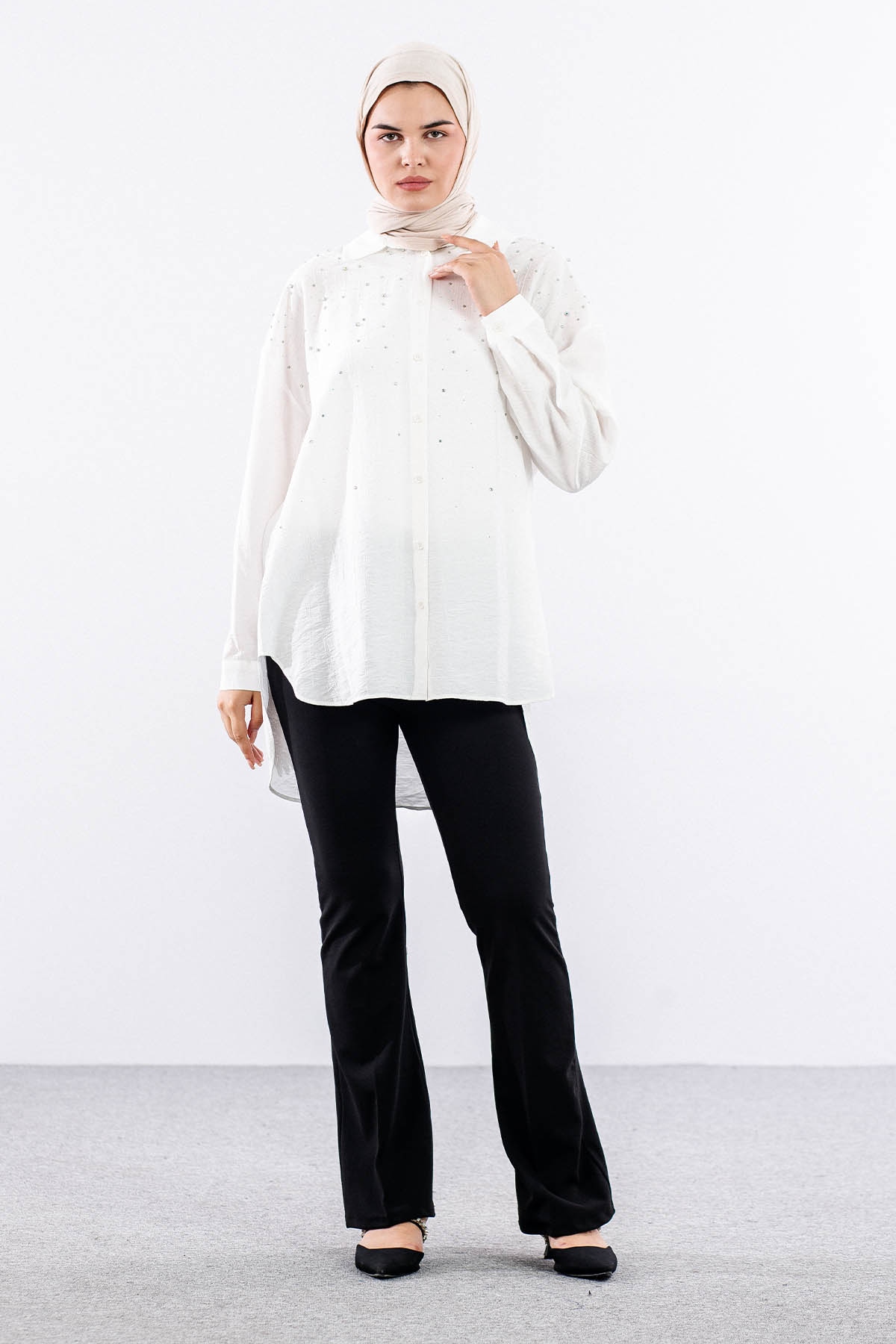 34818 Gömlek Tek Tas Detay - Ekru - 2