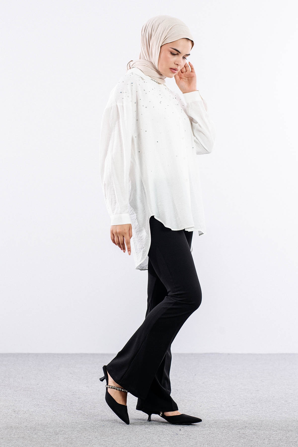 34818 Gömlek Tek Tas Detay - Ekru - 3