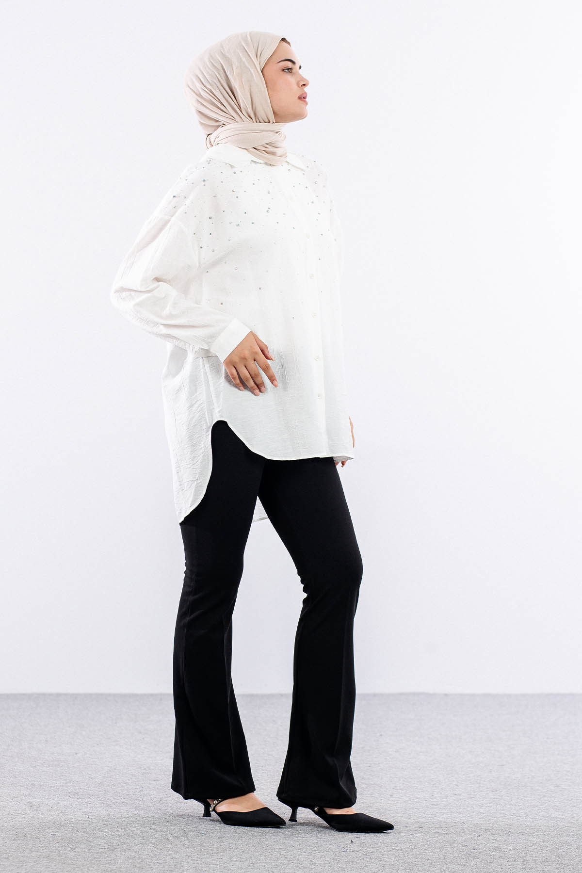 34818 Gömlek Tek Tas Detay - Ekru - 4