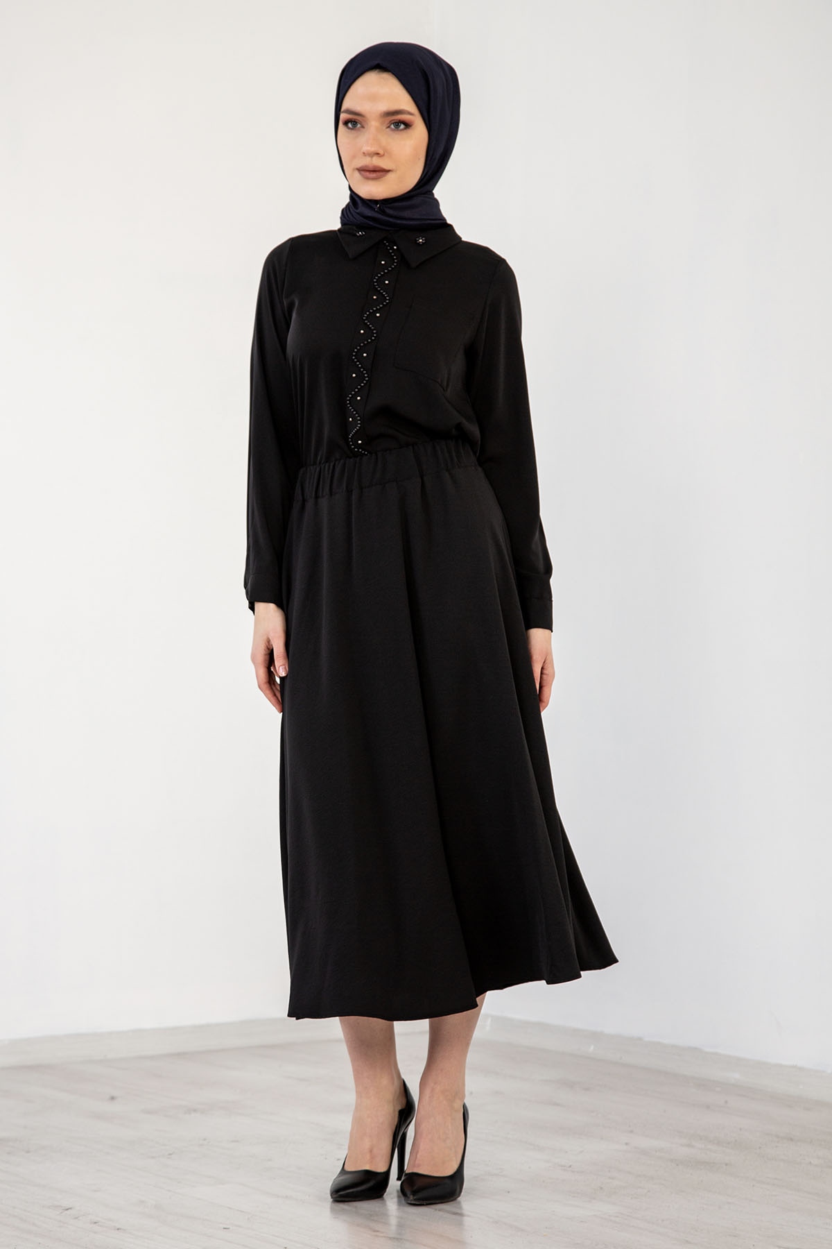 3499 İncili  Gömlek 38-44 - Siyah - 3