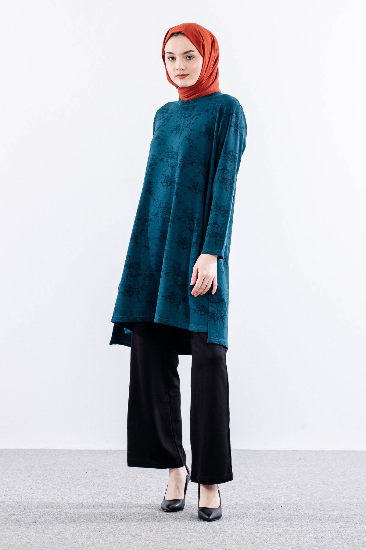 3531 Tunik 46-54 Desenli - Petrol - 2