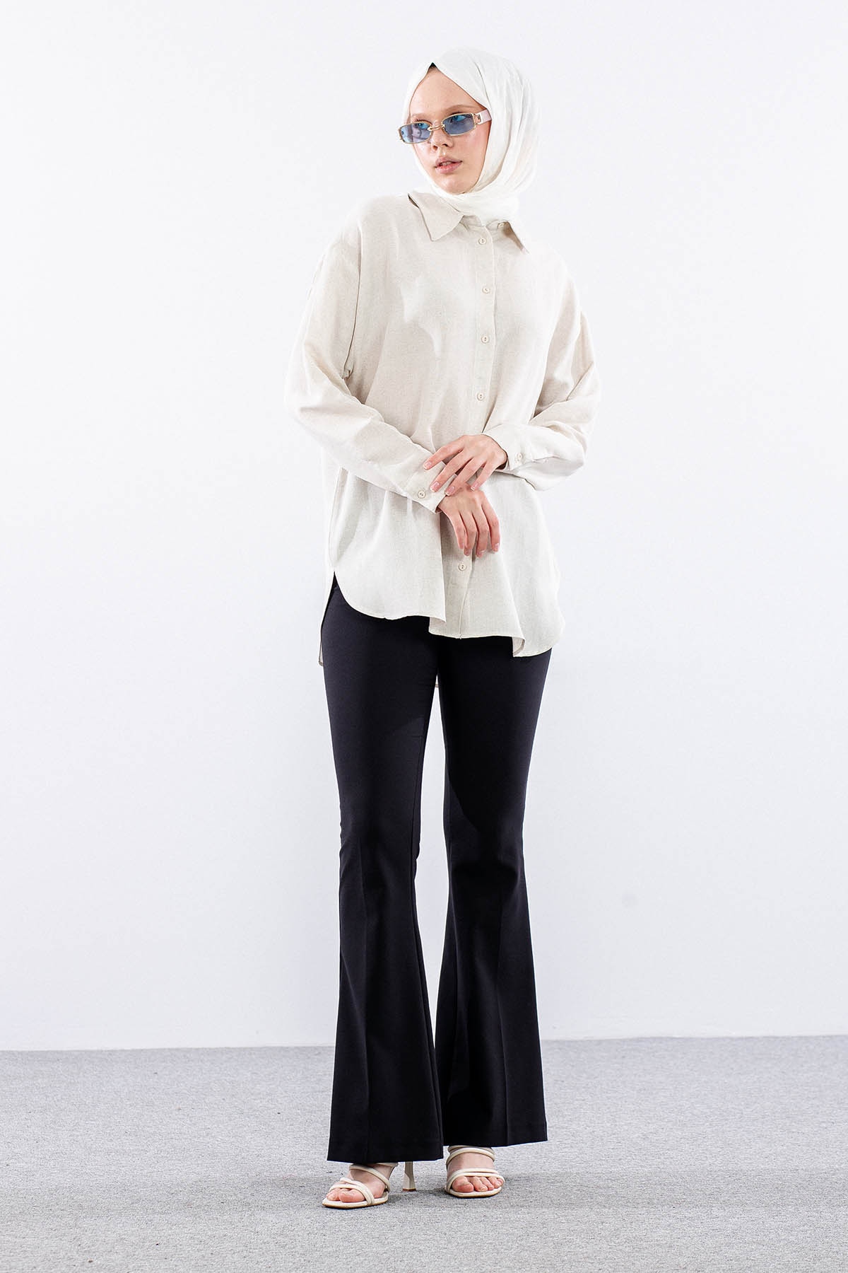 35842 Oversize Basic Gömlek Tek - Bej - 1