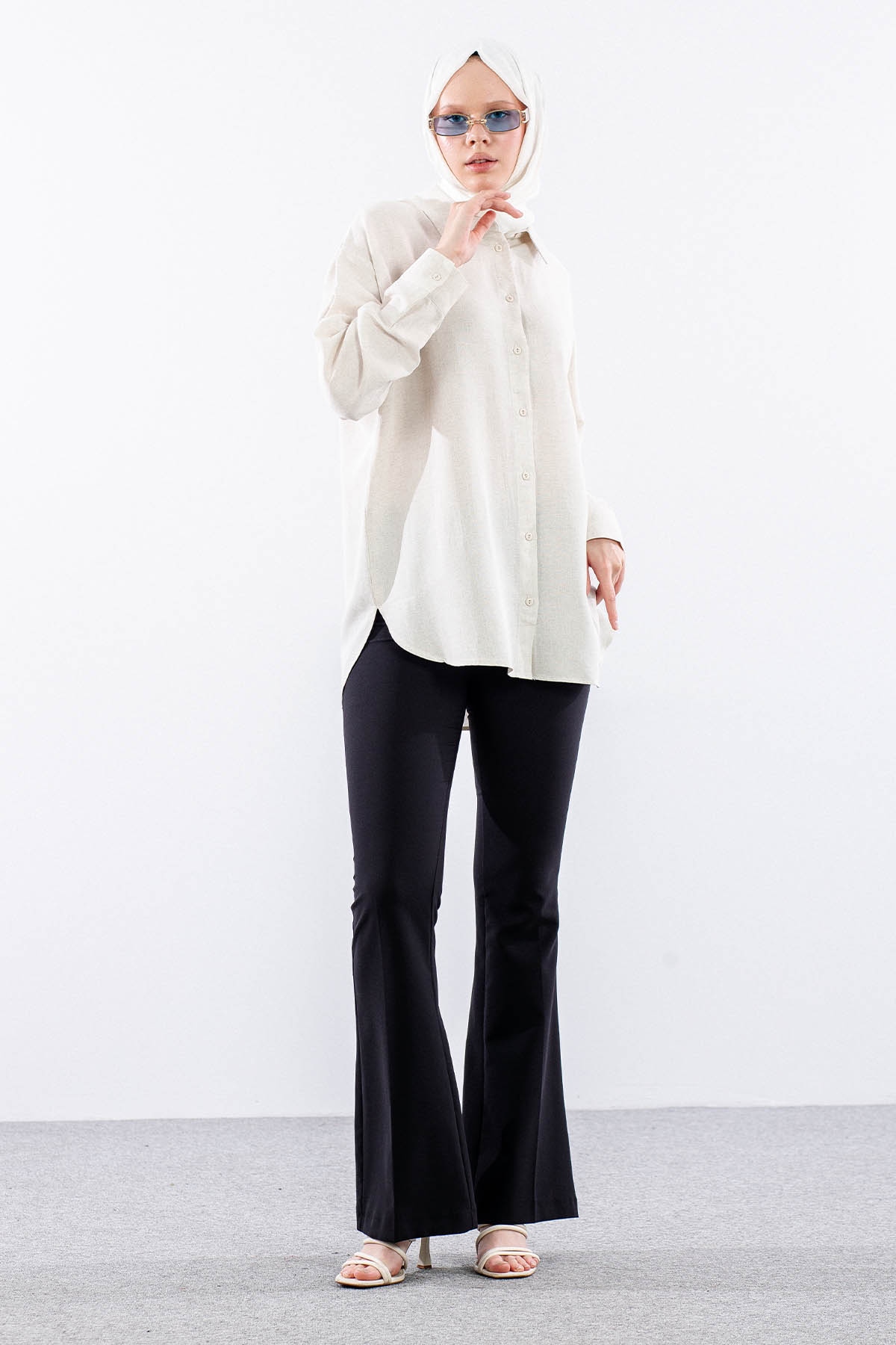 35842 Oversize Basic Gömlek Tek - Bej - 2