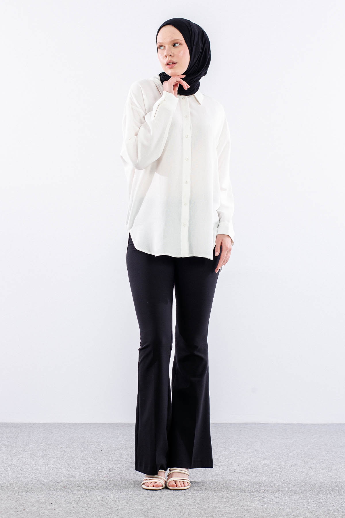 35842 Oversize Basic Gömlek Tek - Ekru - 1