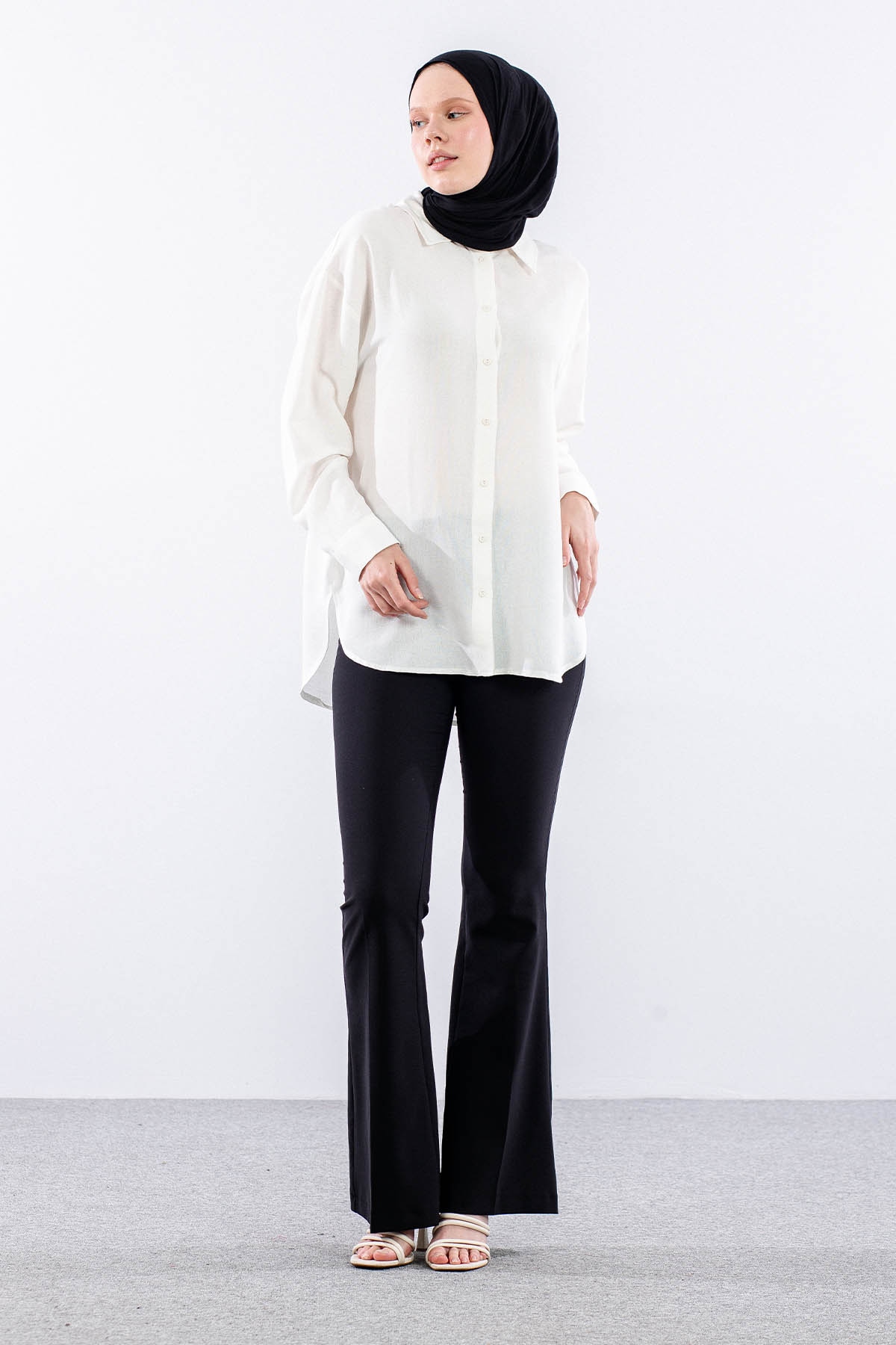 35842 Oversize Basic Gömlek Tek - Ekru - 2