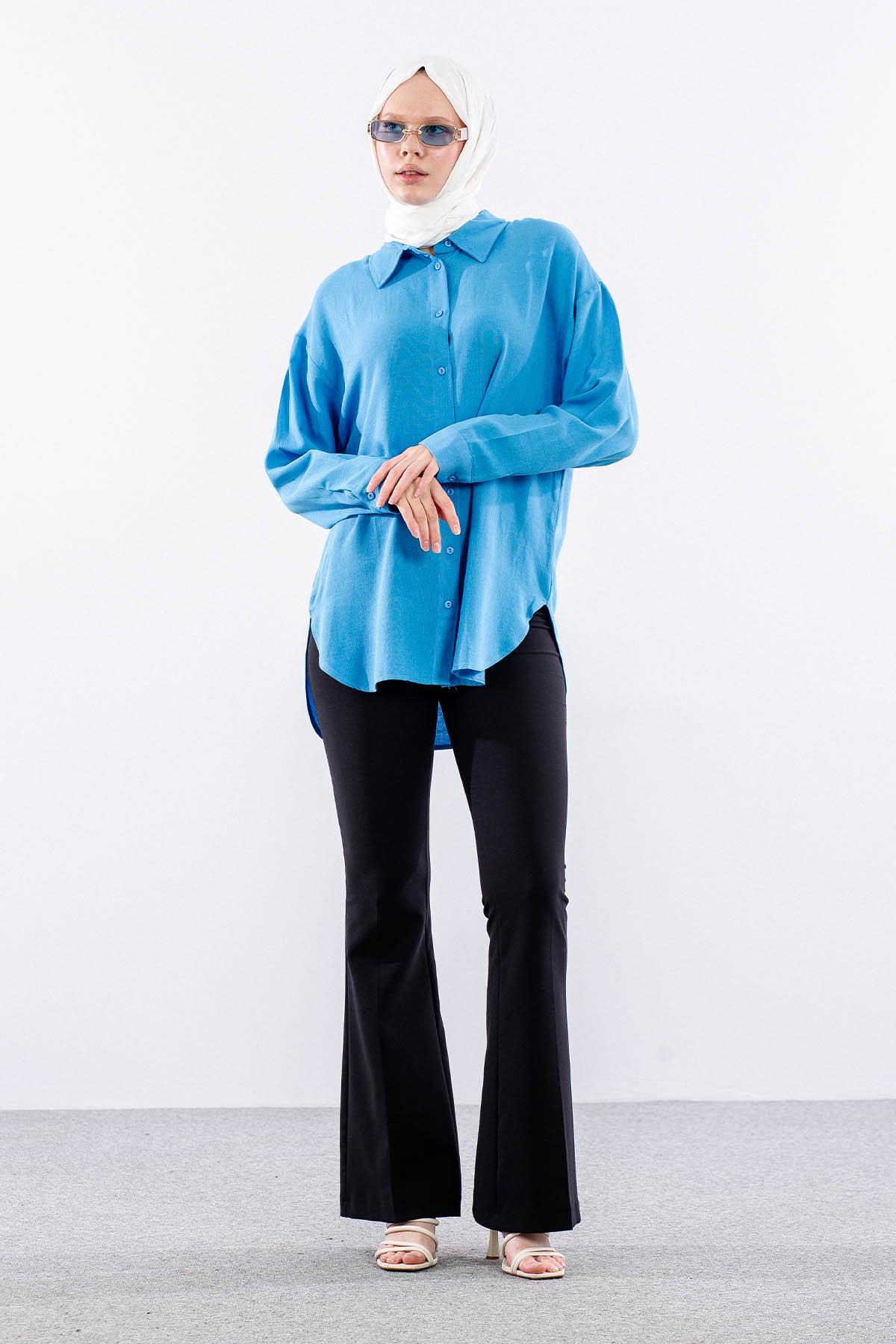 35842 Oversize Basic Gömlek Tek - Mavi - 1