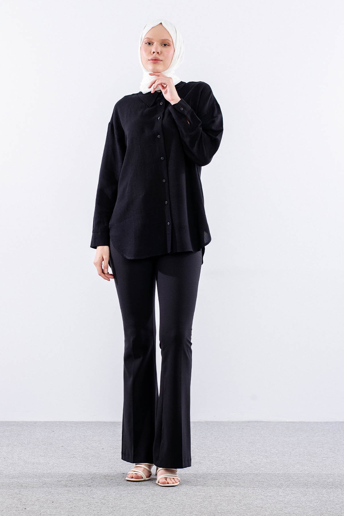 35842 Oversize Basic Gömlek Tek - Siyah - 1