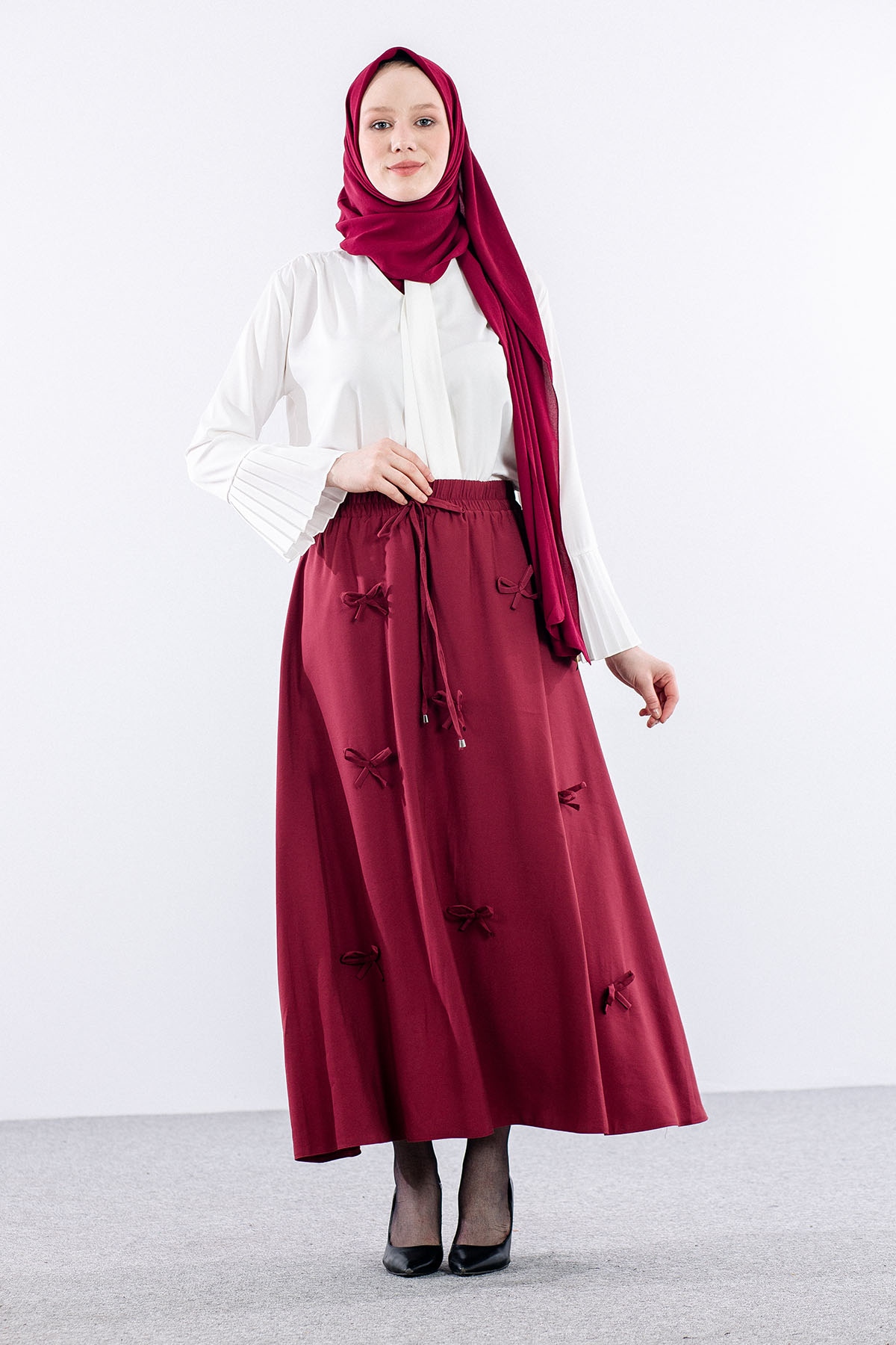 3633 Etek 38-48 Tencel Kumaş - Bordo - 1