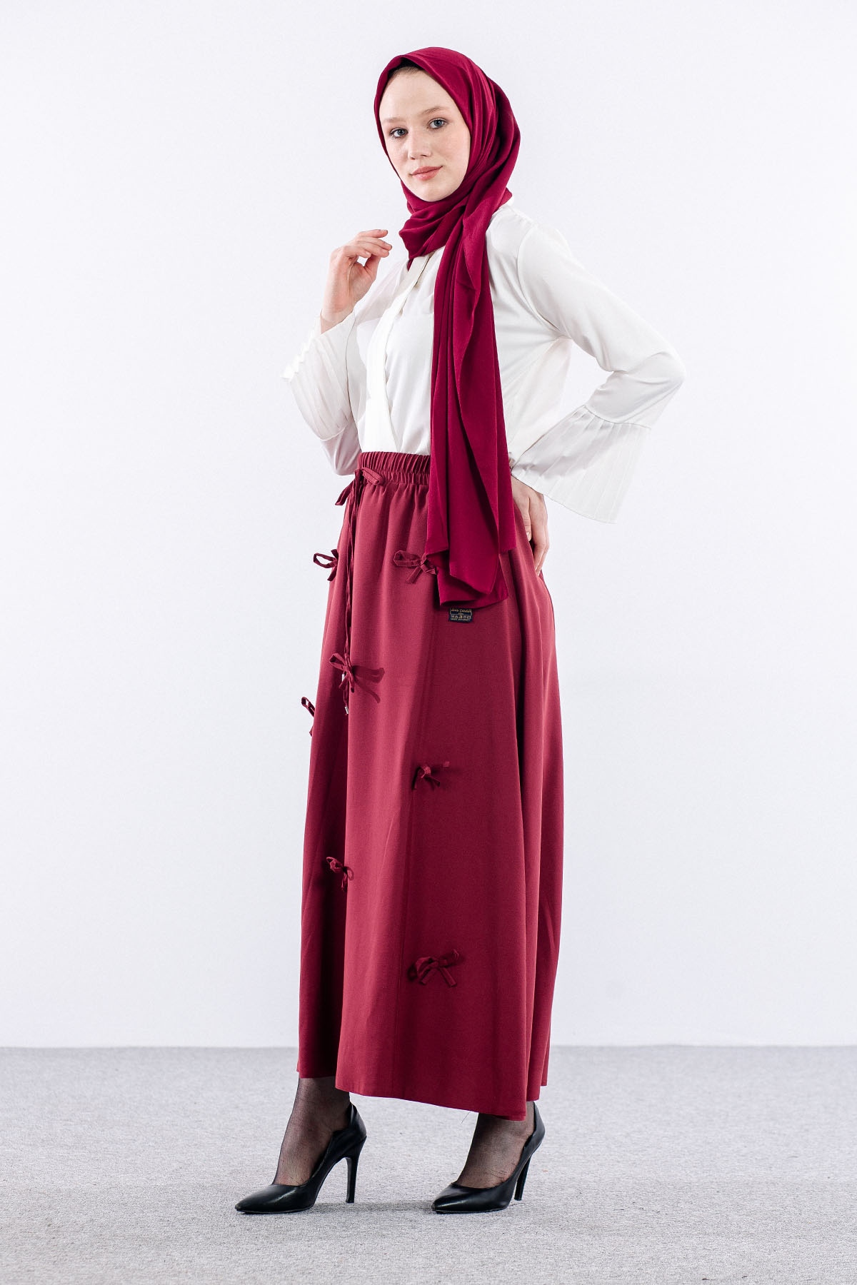 3633 Etek 38-48 Tencel Kumaş - Bordo - 4
